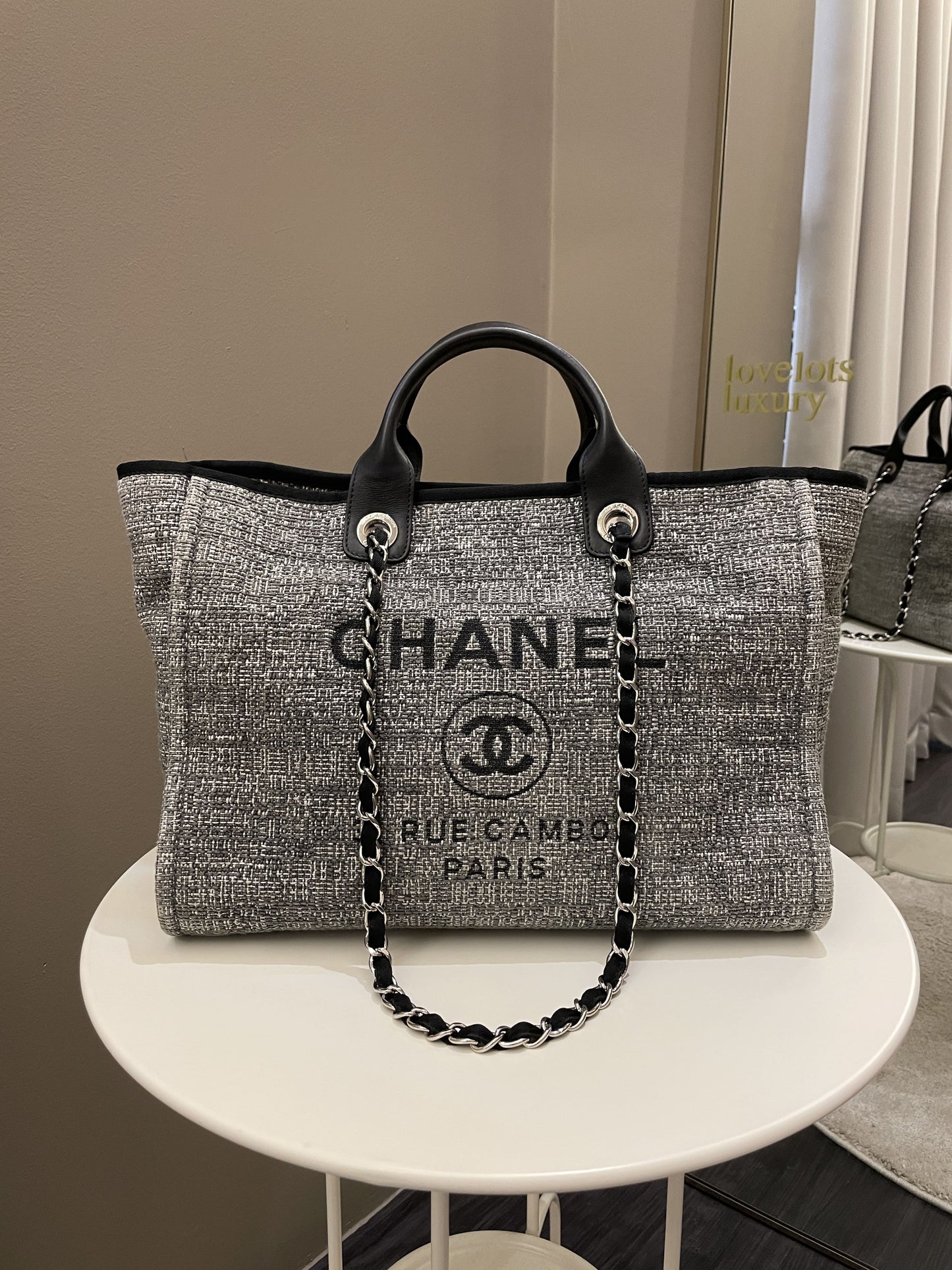 Luxury Chanel Deauville Shopper Tote Grey/ Black Canvas