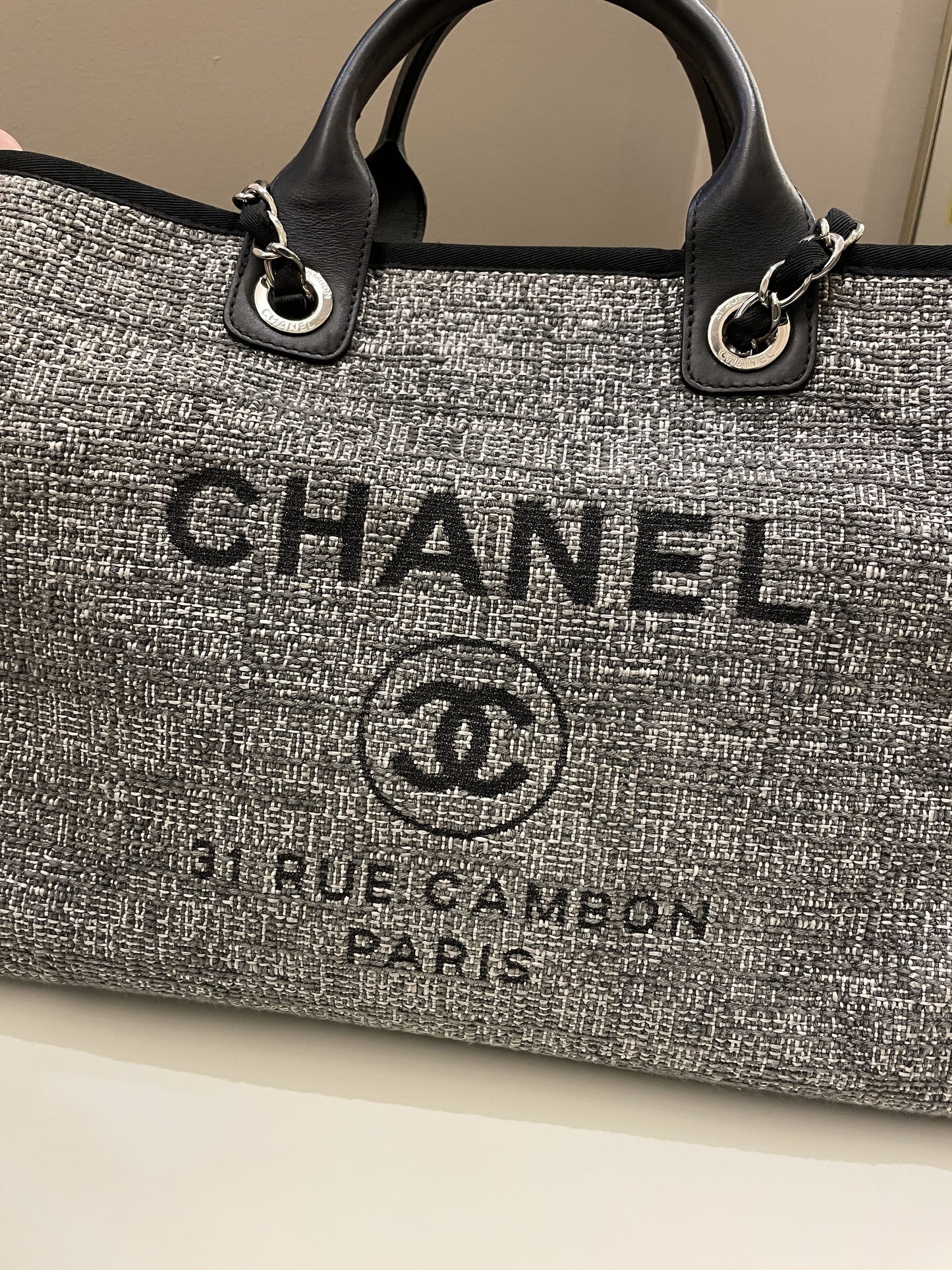 Luxury Chanel Deauville Shopper Tote Grey/ Black Canvas