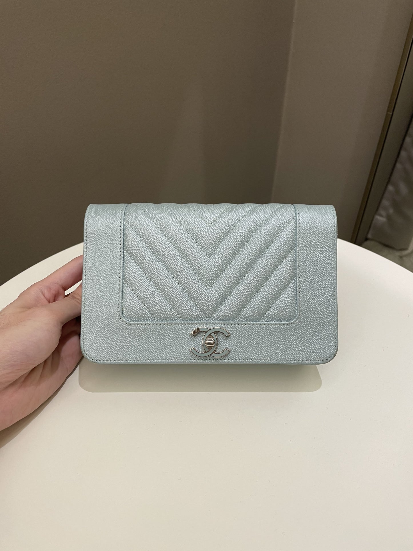 Luxury Chanel Mademoiselle Wallet On Chain Blue Iridescent Caviar