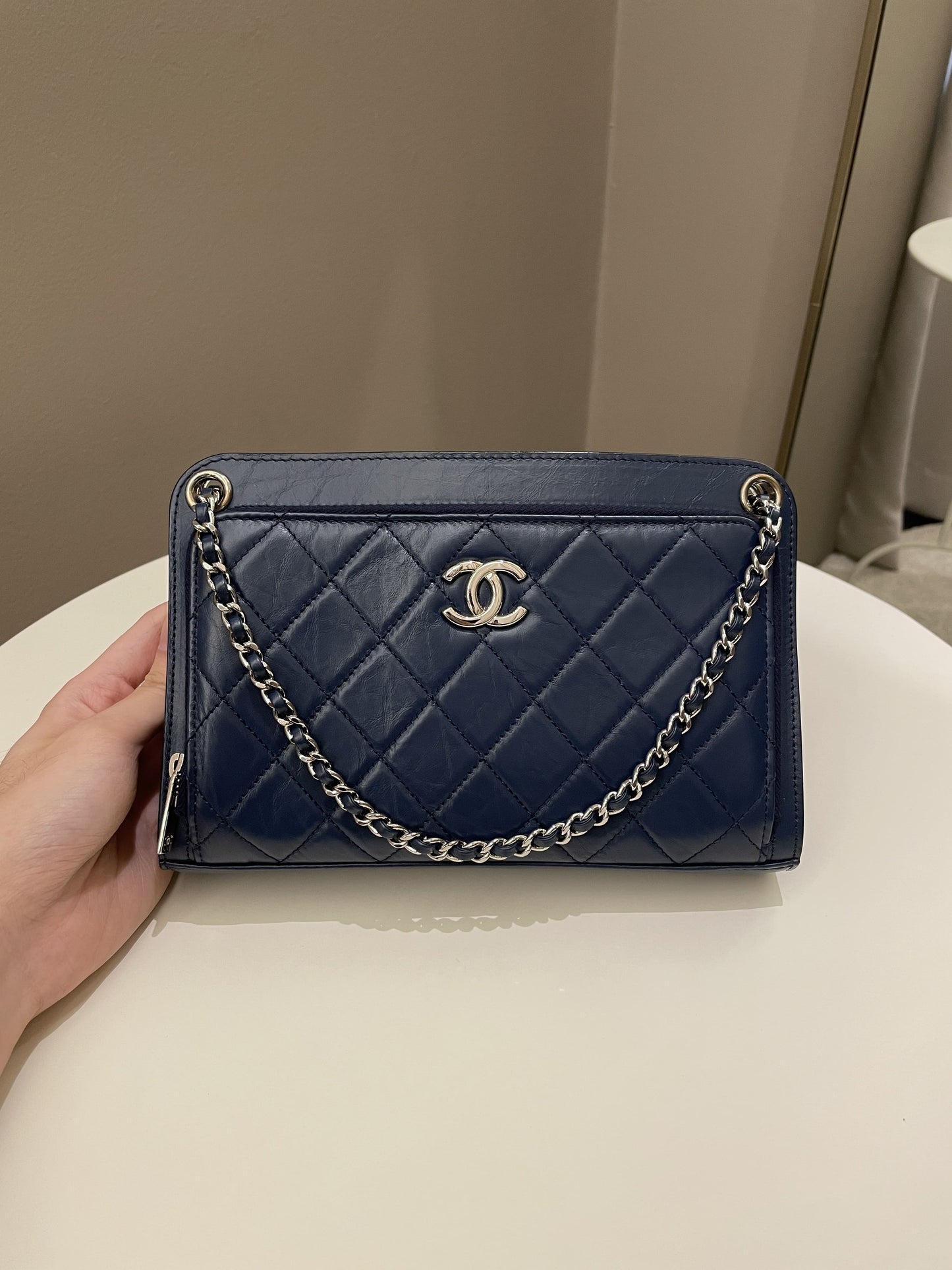 Luxury Chanel Quilted Small Shoulder Clutch Bag Blue Aged Calfskin