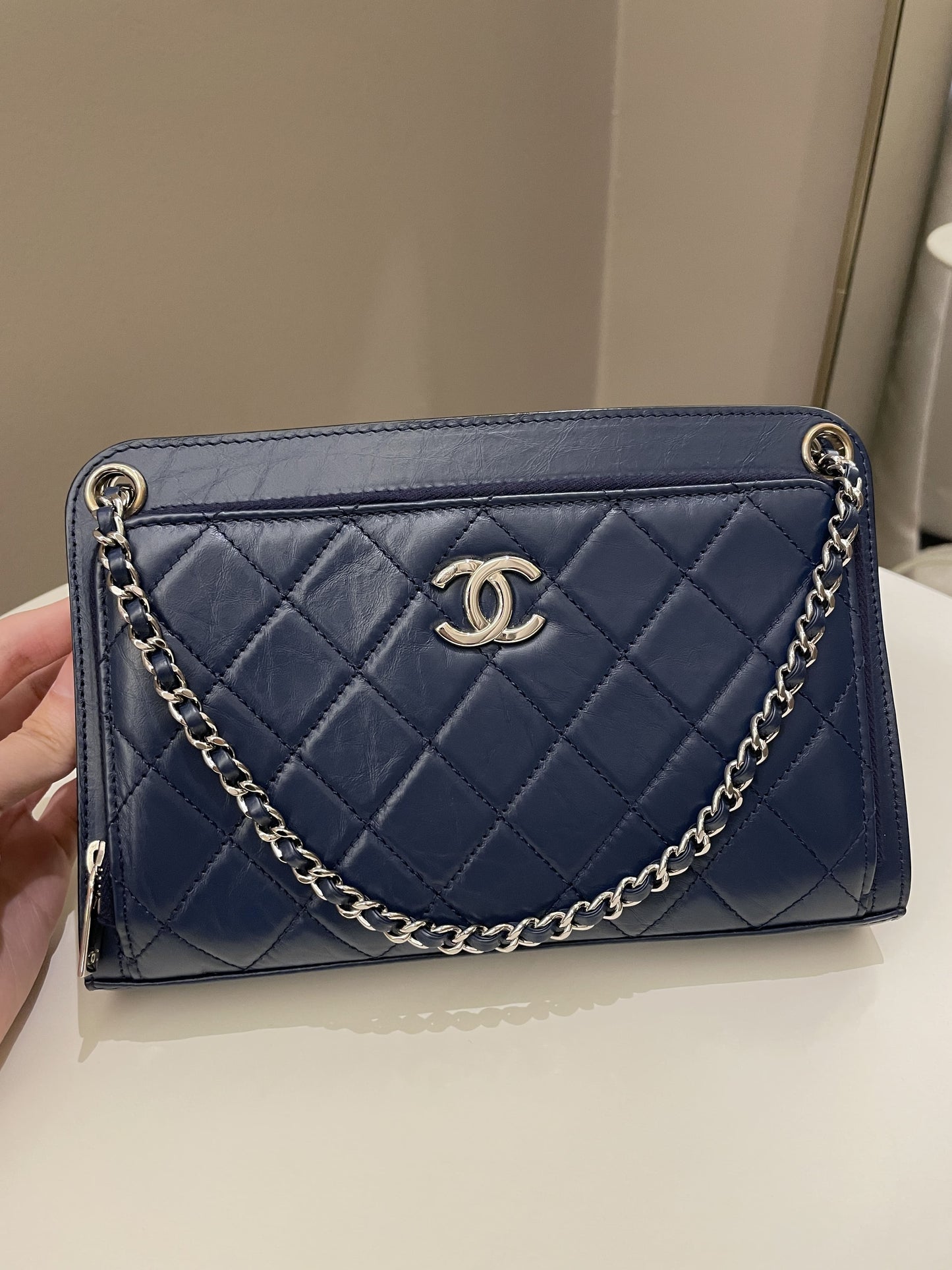 Luxury Chanel Quilted Small Shoulder Clutch Bag Blue Aged Calfskin