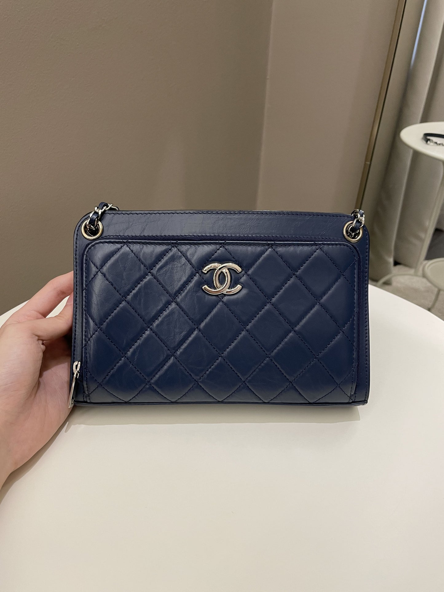 Luxury Chanel Quilted Small Shoulder Clutch Bag Blue Aged Calfskin