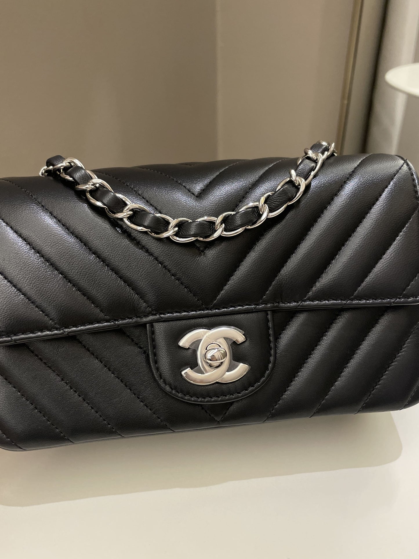 Luxury Chanel Classic Chevron Mini Rectangular Black Lambskin