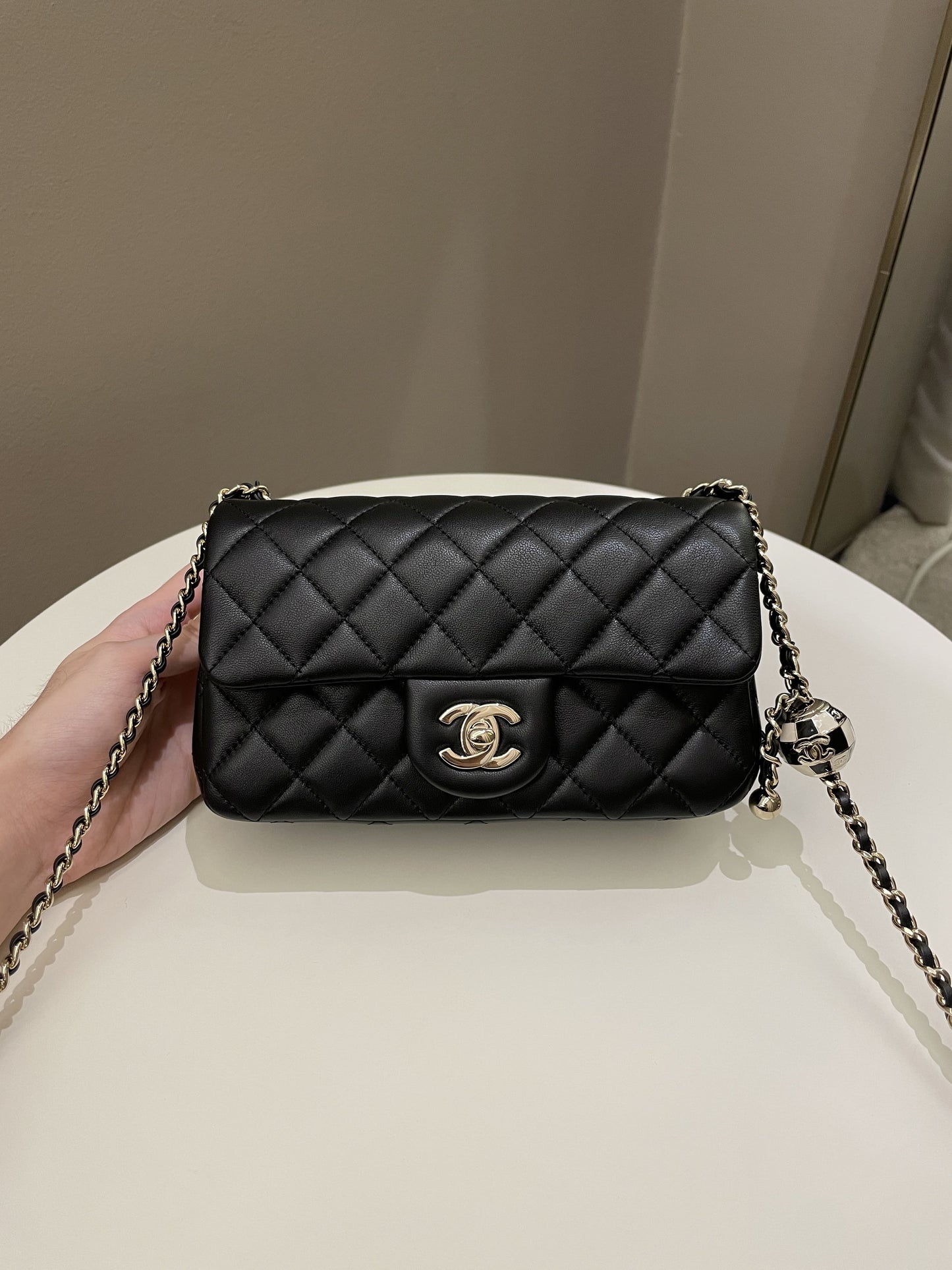 Luxury Chanel 23C Pearl Crush Quilted Mini Rectangular Black Lambskin