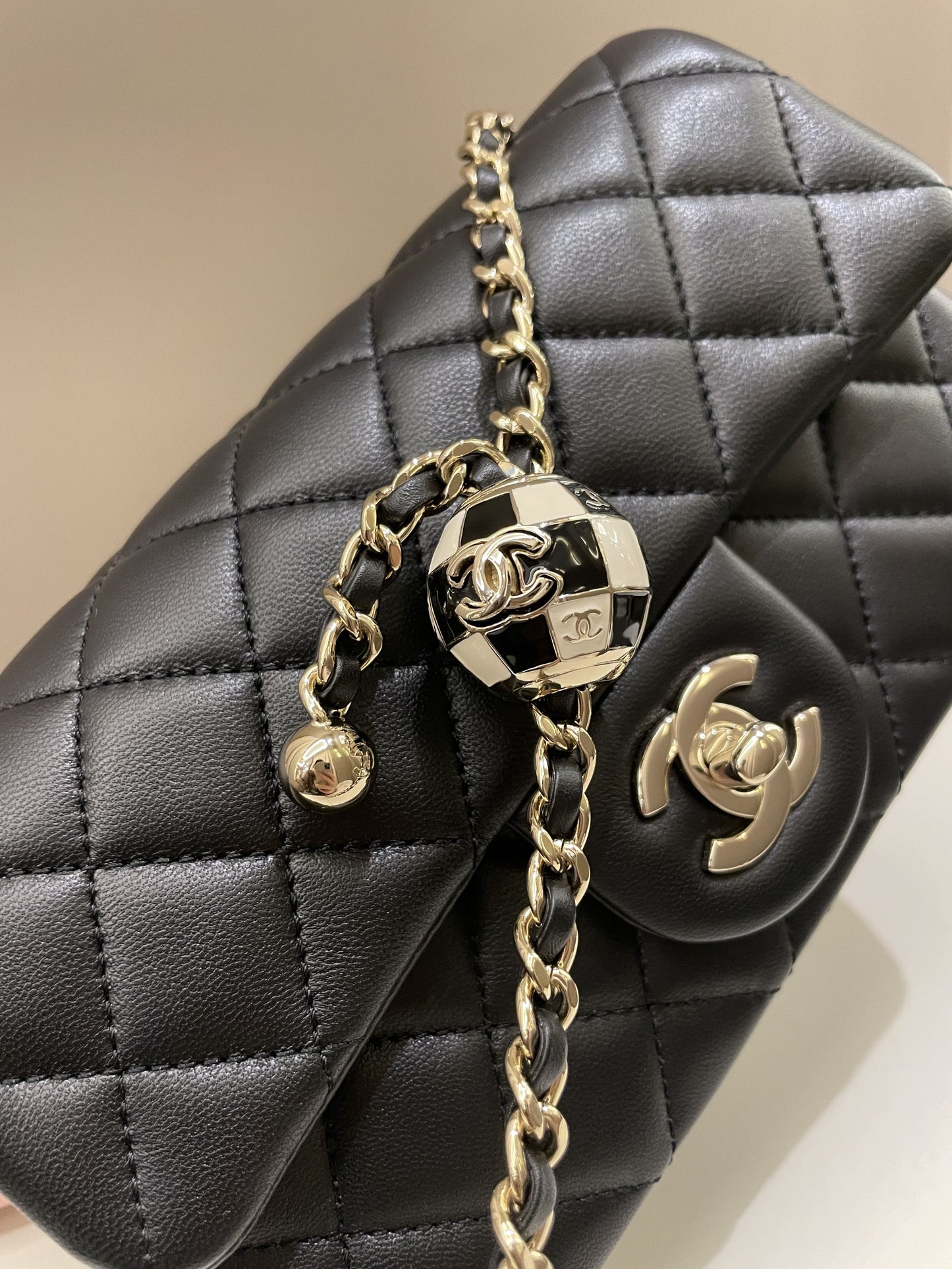 Luxury Chanel 23C Pearl Crush Quilted Mini Rectangular Black Lambskin