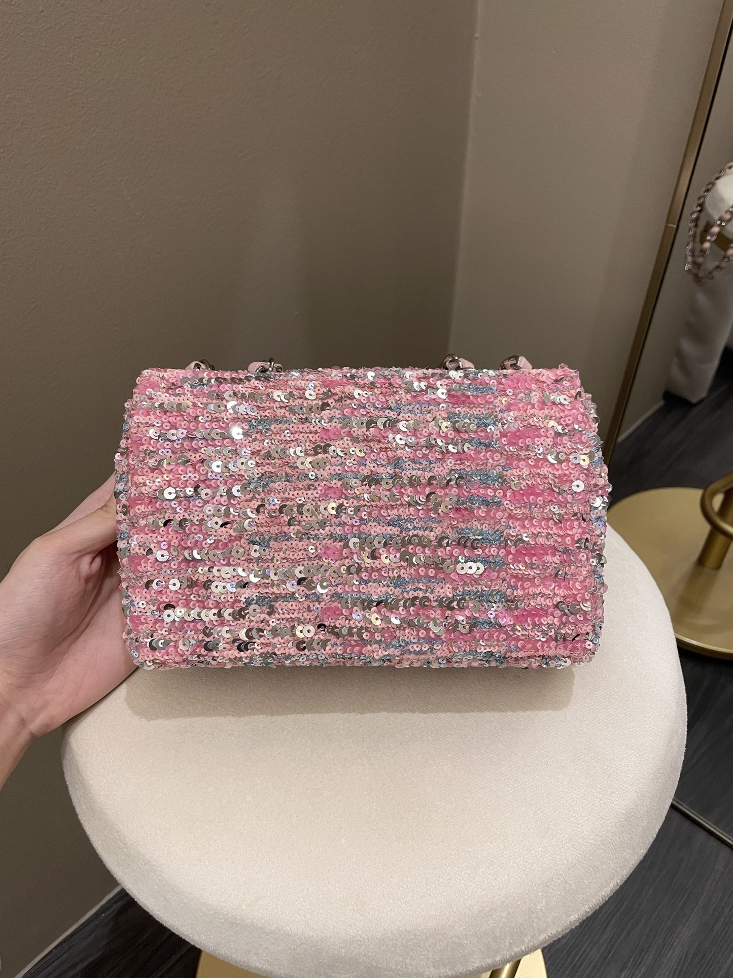 Luxury Chanel Quilted Mini Rectangular Flap Bag Pink Sequins