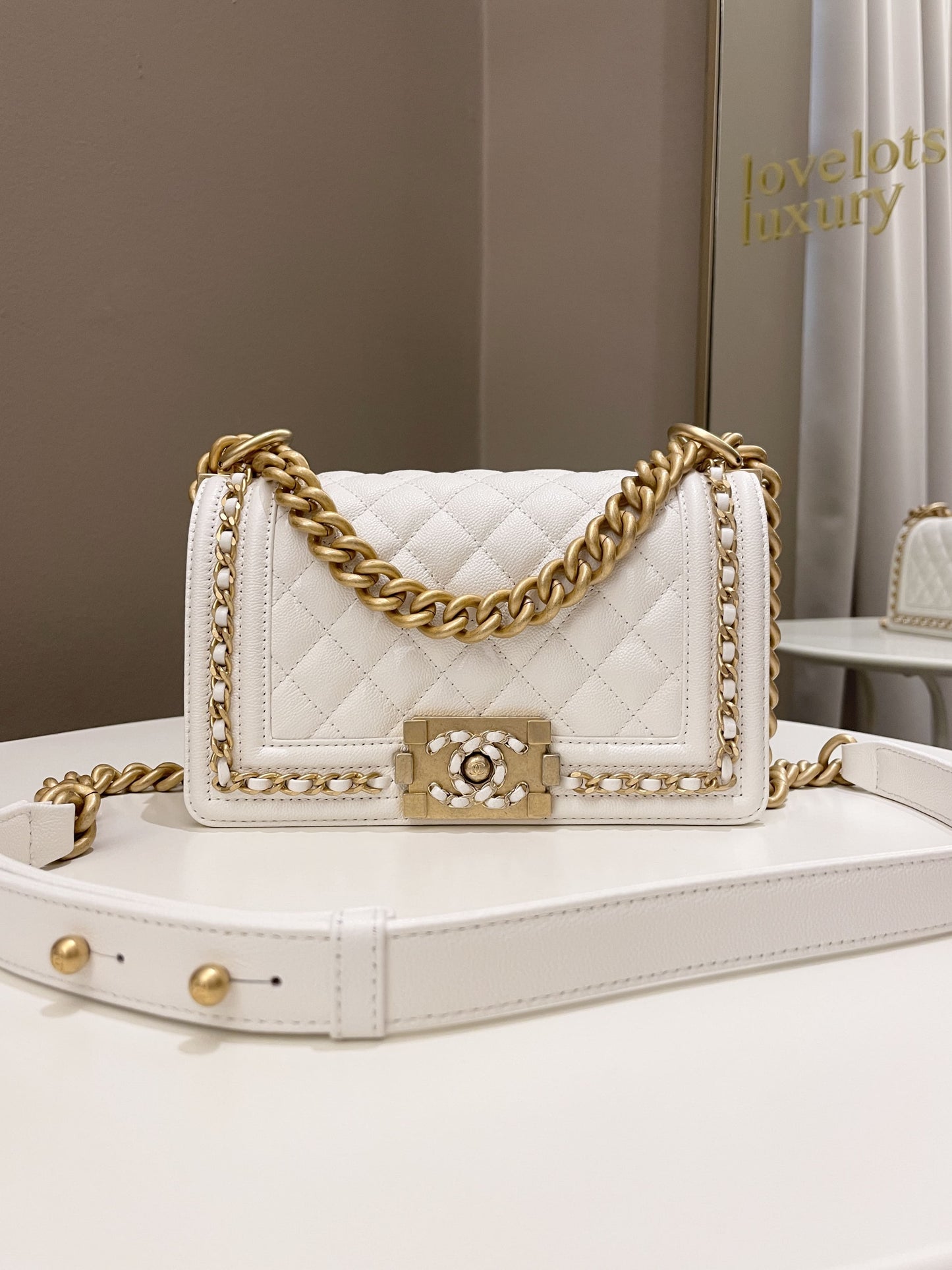 Luxury Chanel Quilted Chain Around Small Boy White Ivory Caviar