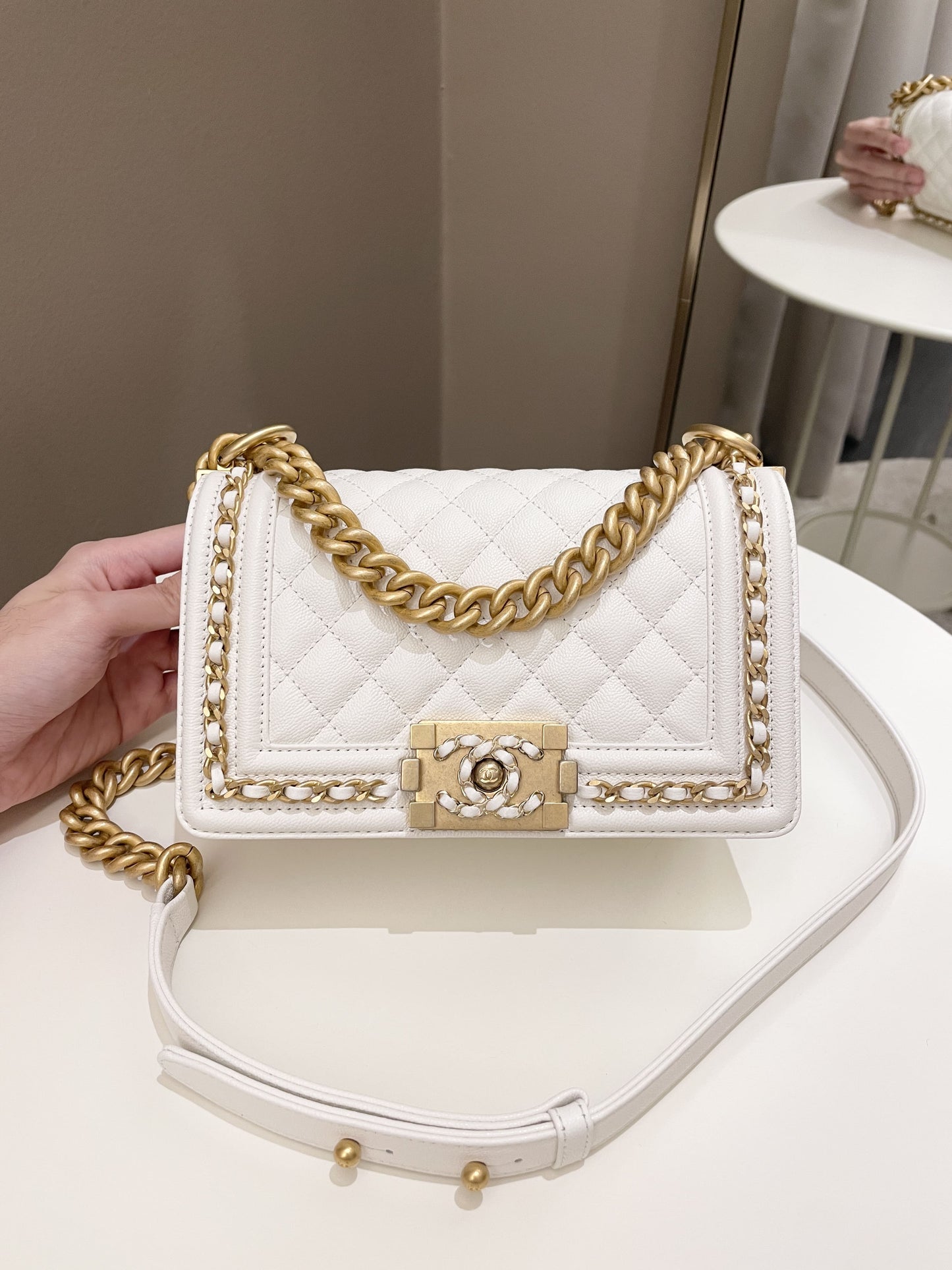 Luxury Chanel Quilted Chain Around Small Boy White Ivory Caviar