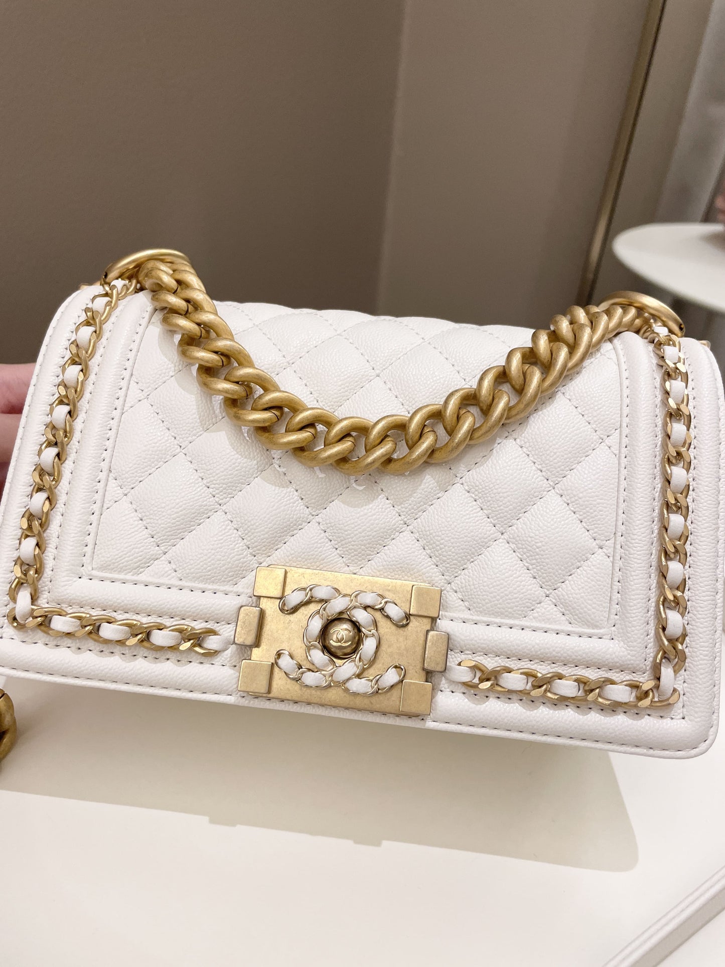 Luxury Chanel Quilted Chain Around Small Boy White Ivory Caviar
