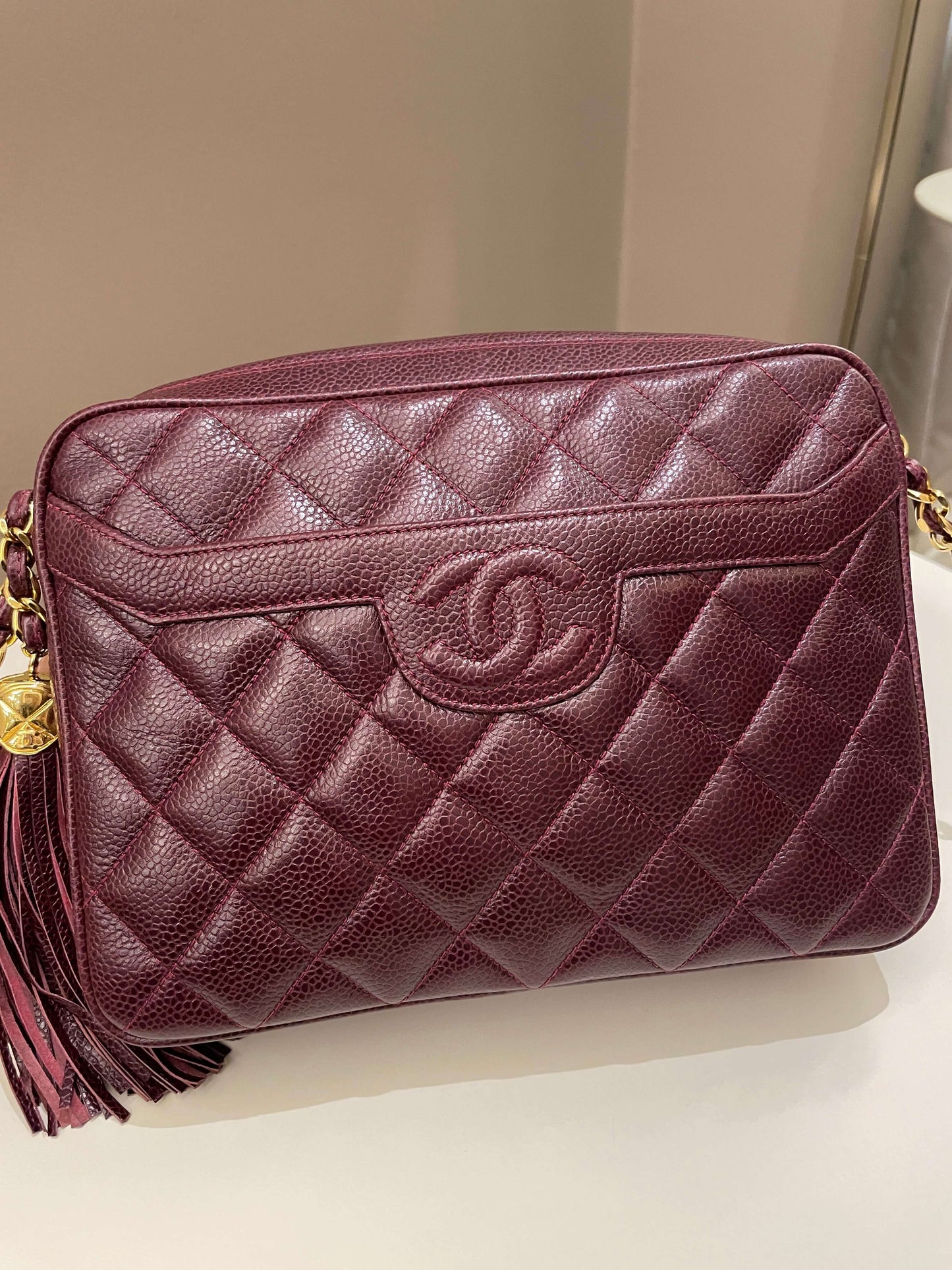 Luxury Chanel Vintage Camera Bag Tassle Burgundy Caviar