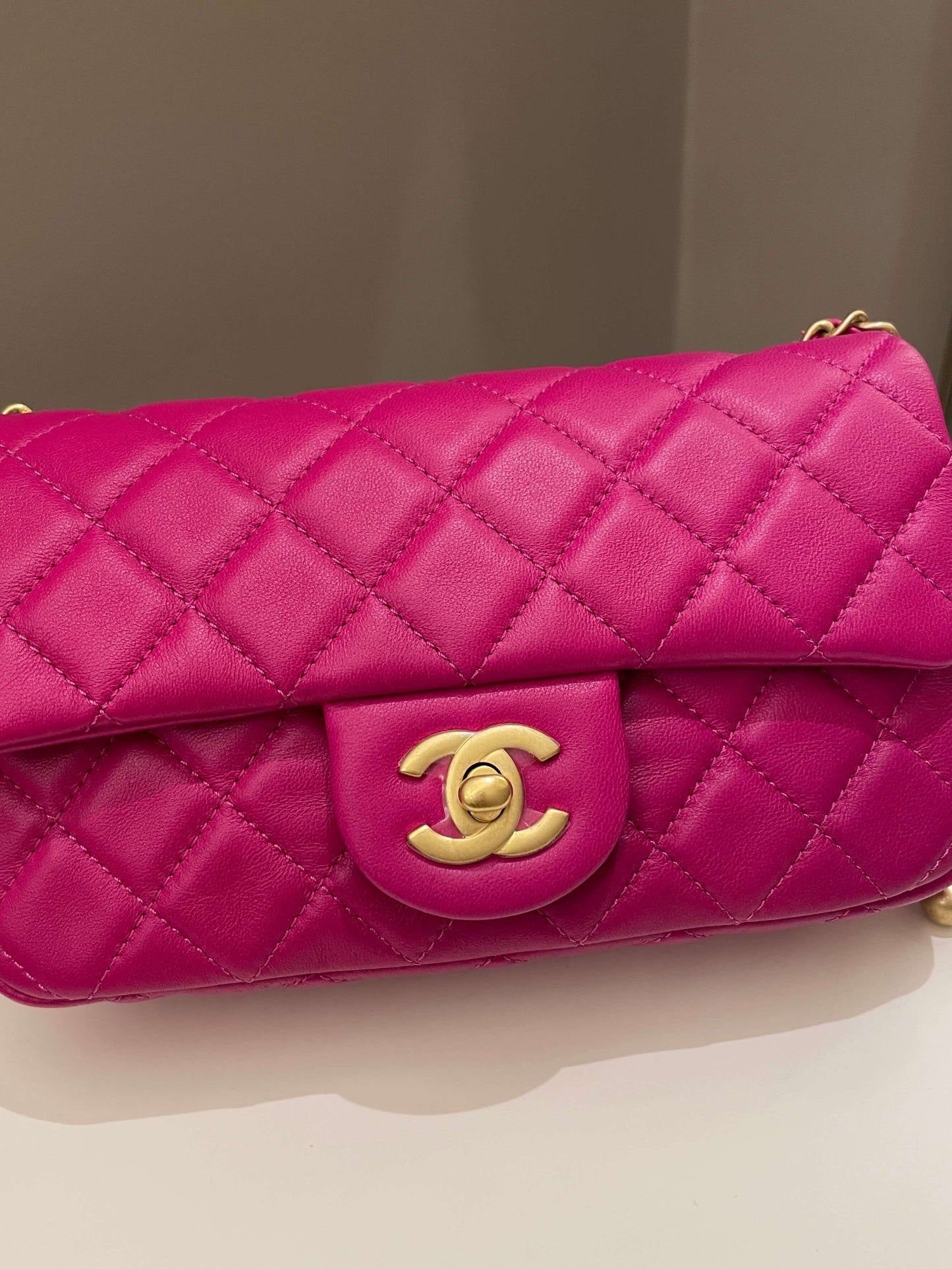 Luxury Chanel Pearl Crush Quilted Mini Rectangular Dark Pink Lambskin