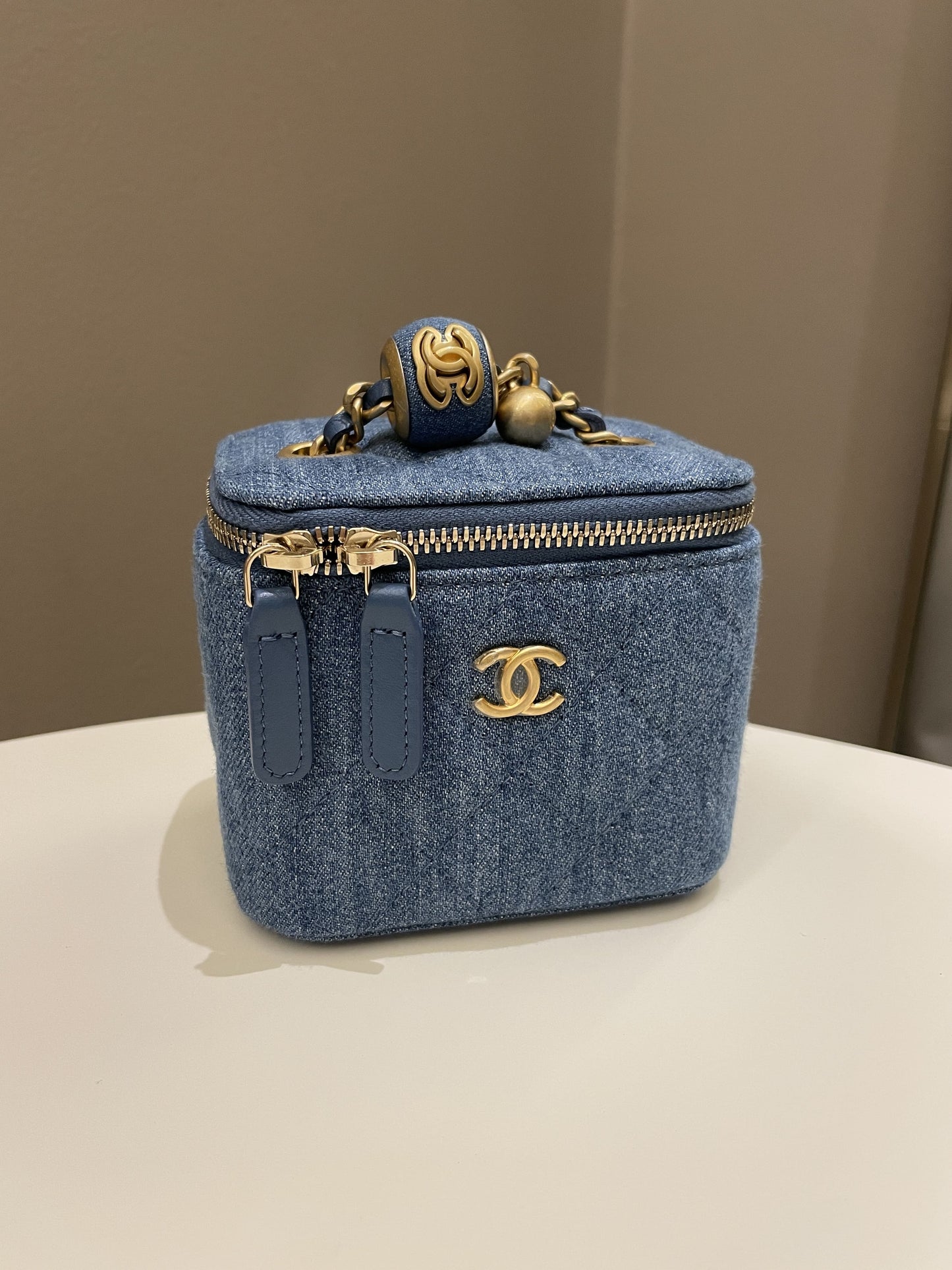 Luxury Chanel Quilted Pearl Crush Mini Vanity Cube Denim
