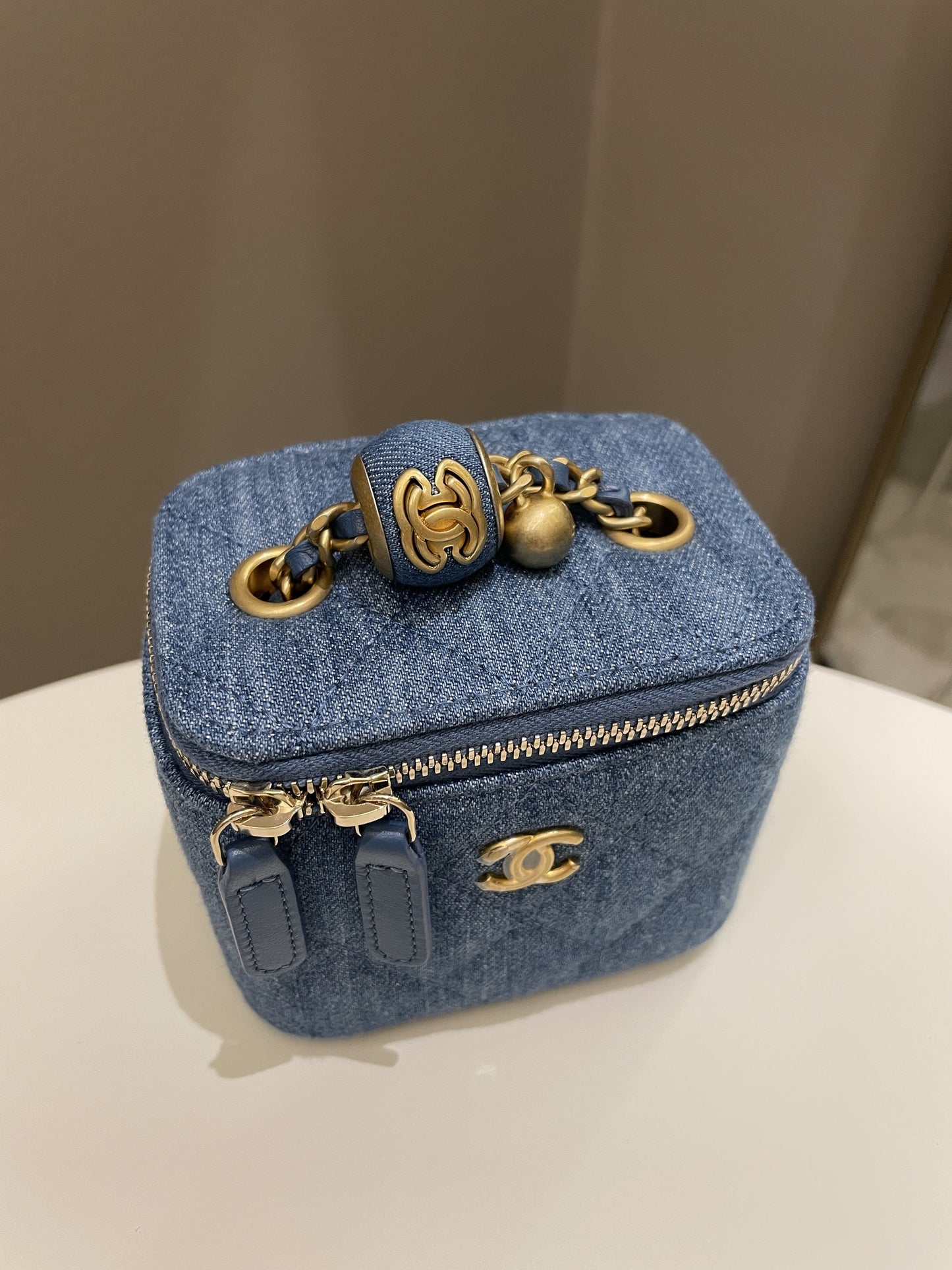 Luxury Chanel Quilted Pearl Crush Mini Vanity Cube Denim