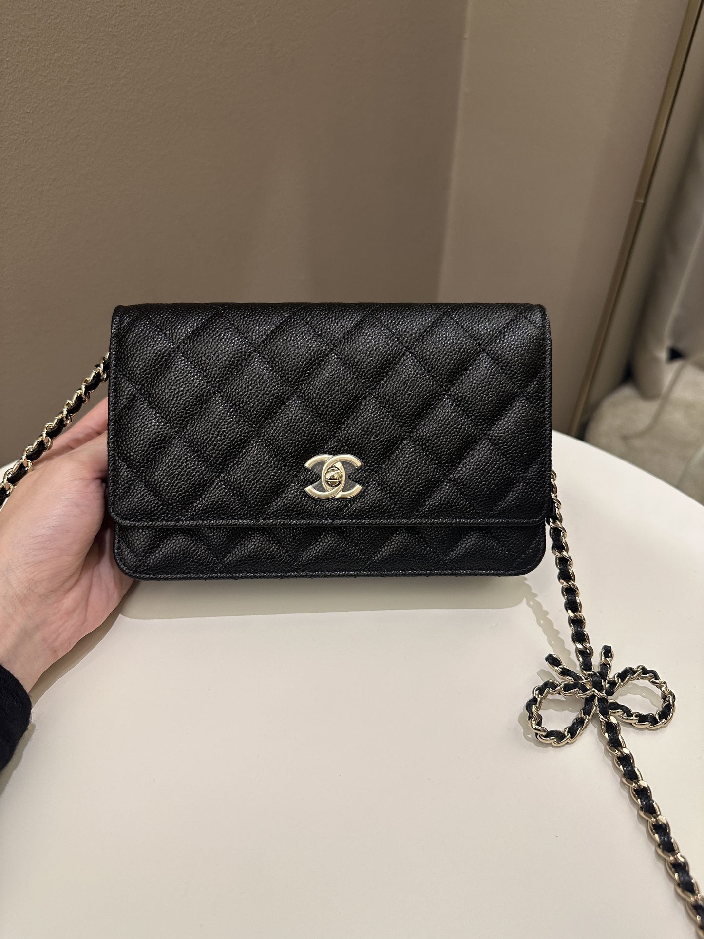 Luxury Chanel Quilted Wallet on Chain Bow Black Caviar