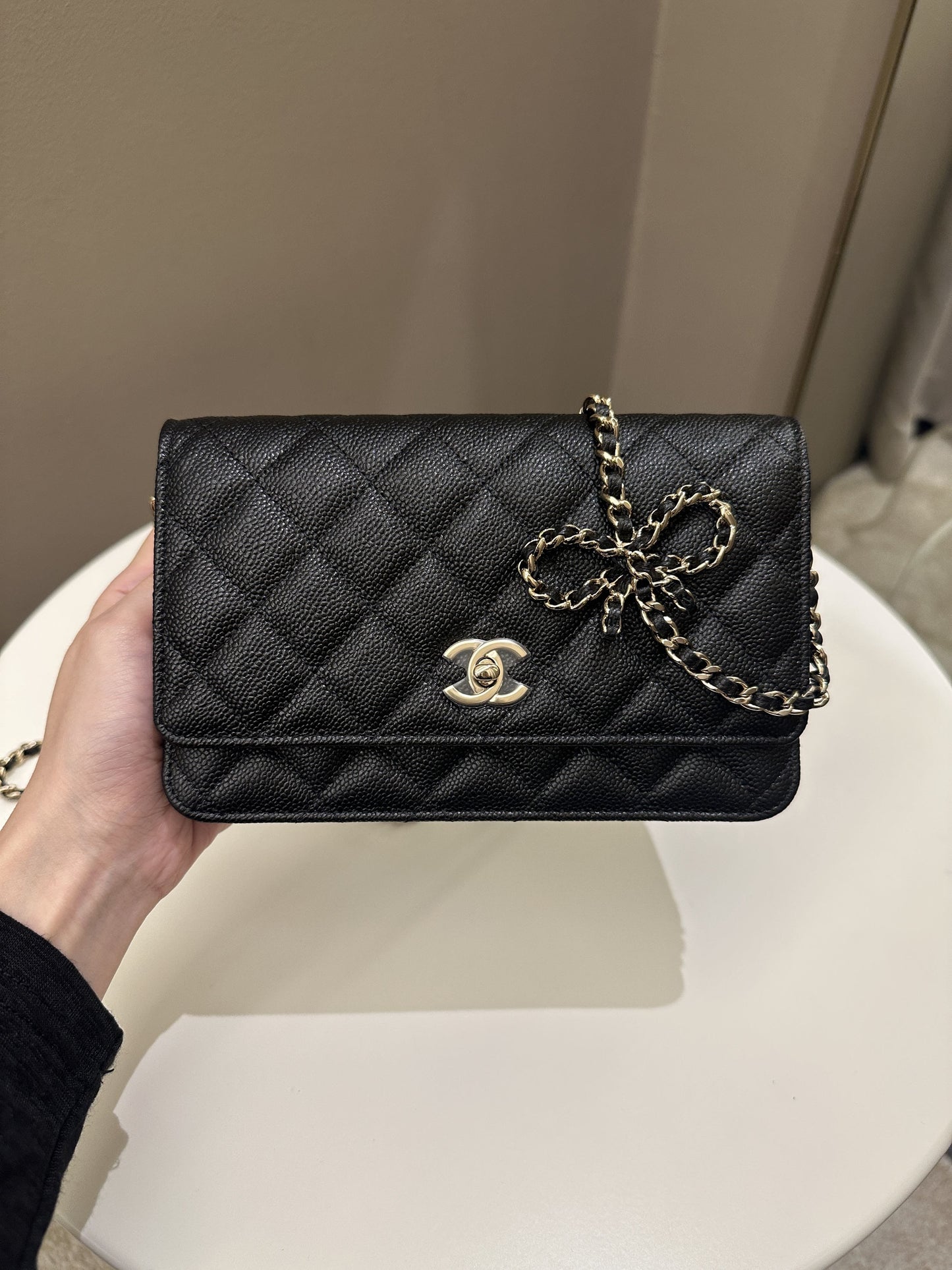 Luxury Chanel Quilted Wallet on Chain Bow Black Caviar
