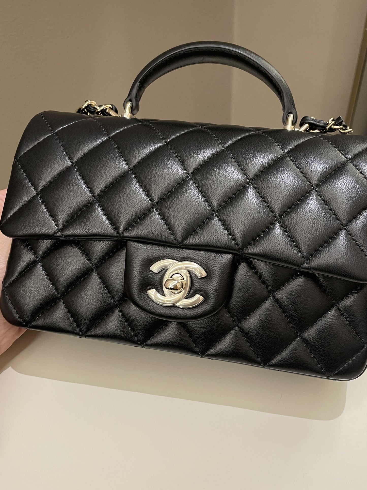 Luxury Chanel Quilted Top Handle Mini Rectangular Black Lambskin