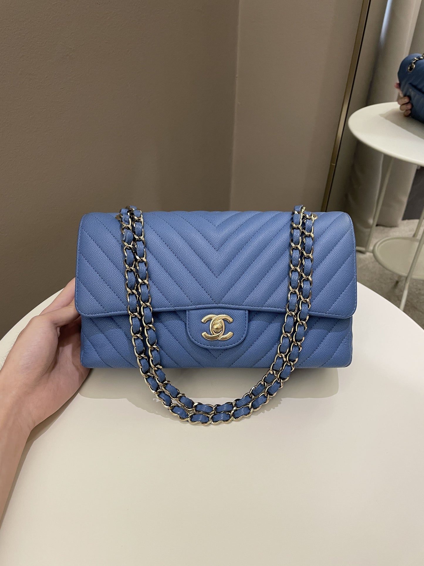 Luxury Chanel Classic Chevron Medium Double Flap Paradise Blue Caviar