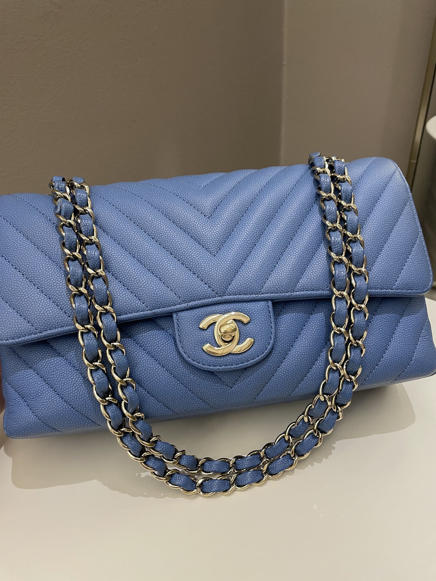 Luxury Chanel Classic Chevron Medium Double Flap Paradise Blue Caviar