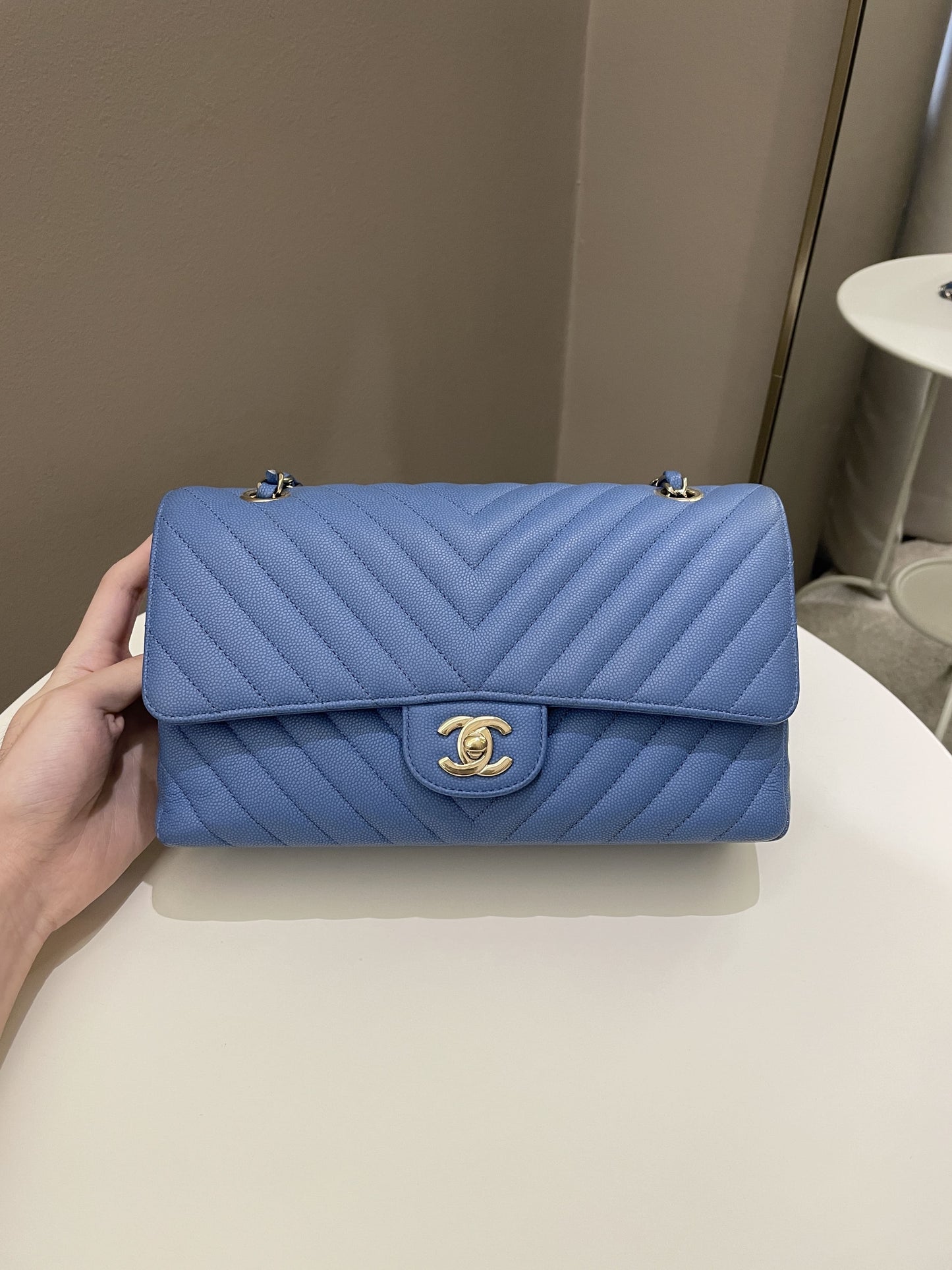 Luxury Chanel Classic Chevron Medium Double Flap Paradise Blue Caviar