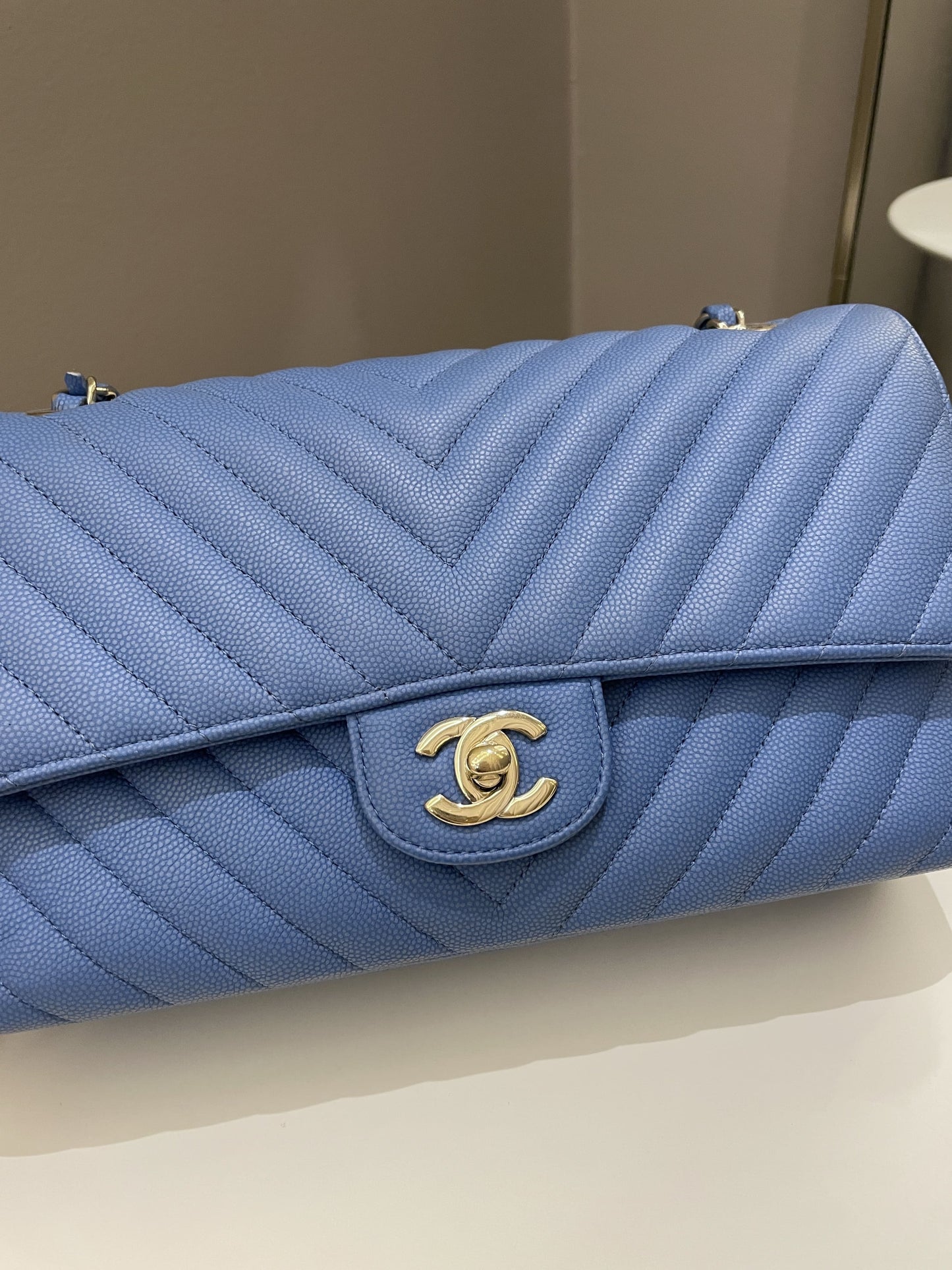 Luxury Chanel Classic Chevron Medium Double Flap Paradise Blue Caviar