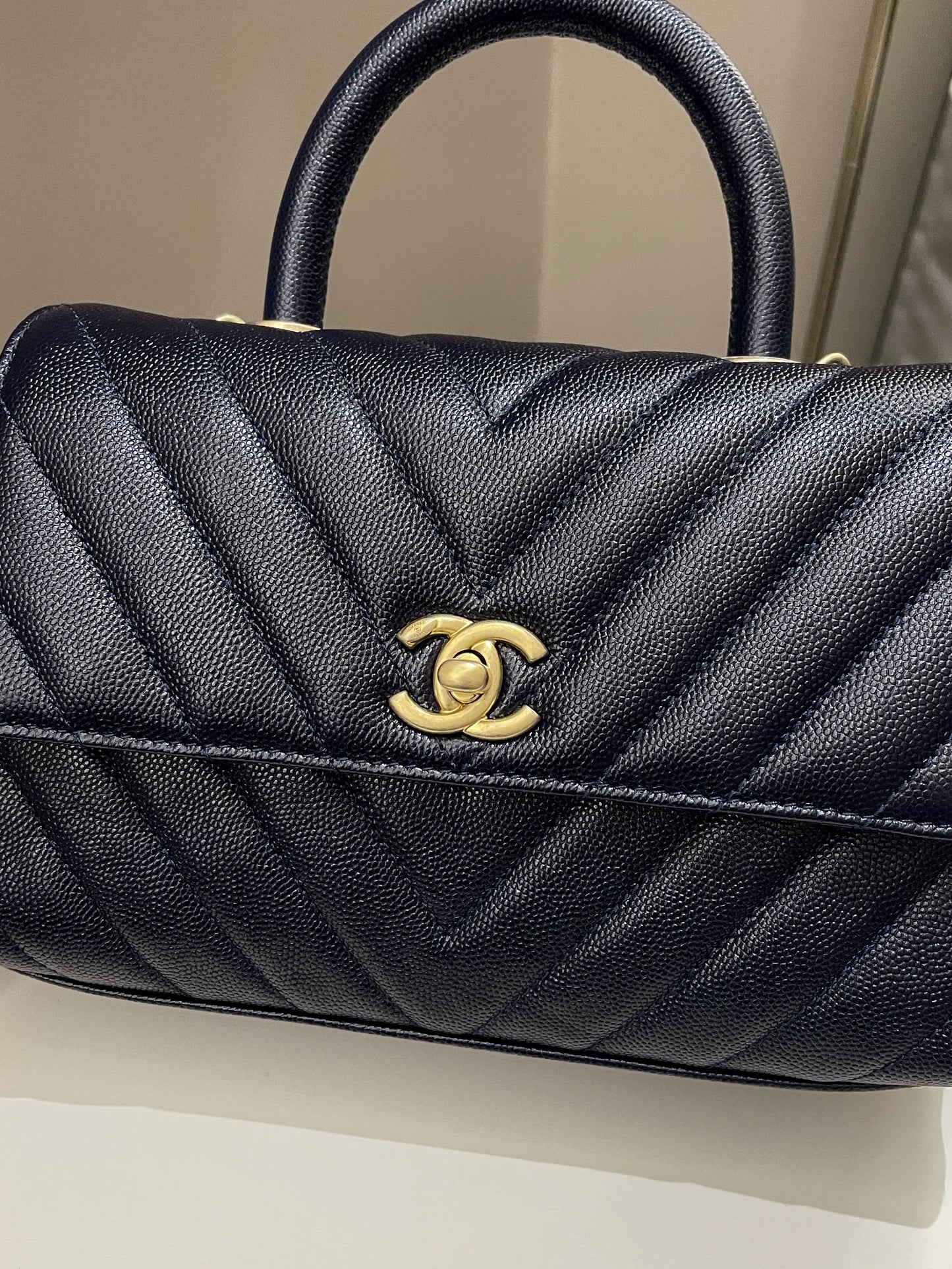 Luxury Chanel Chevron Coco Handle Midnight Blue Caviar