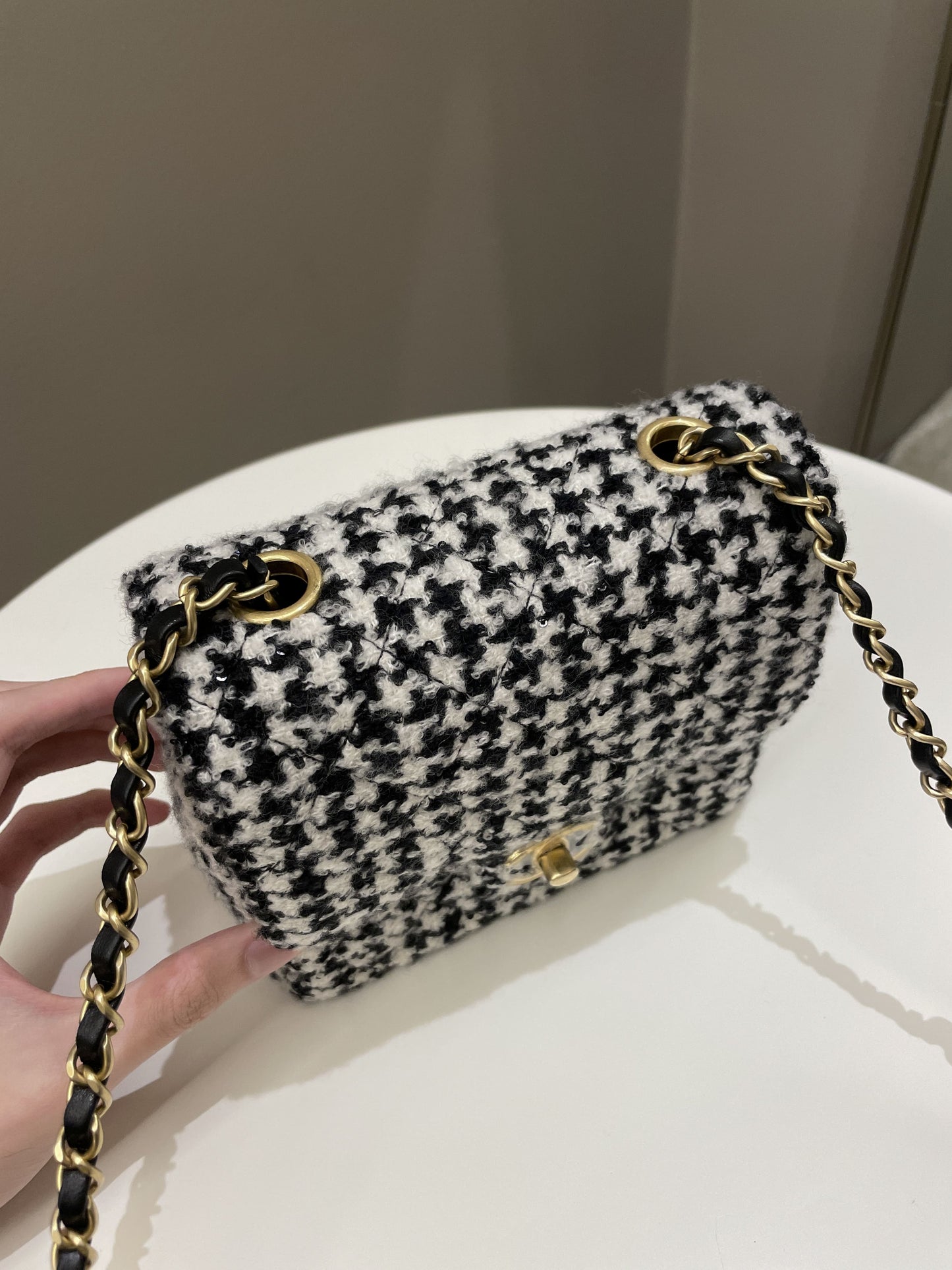 Luxury Chanel 22K Houndstooth Mini Square Black/ White Sequin Tweed