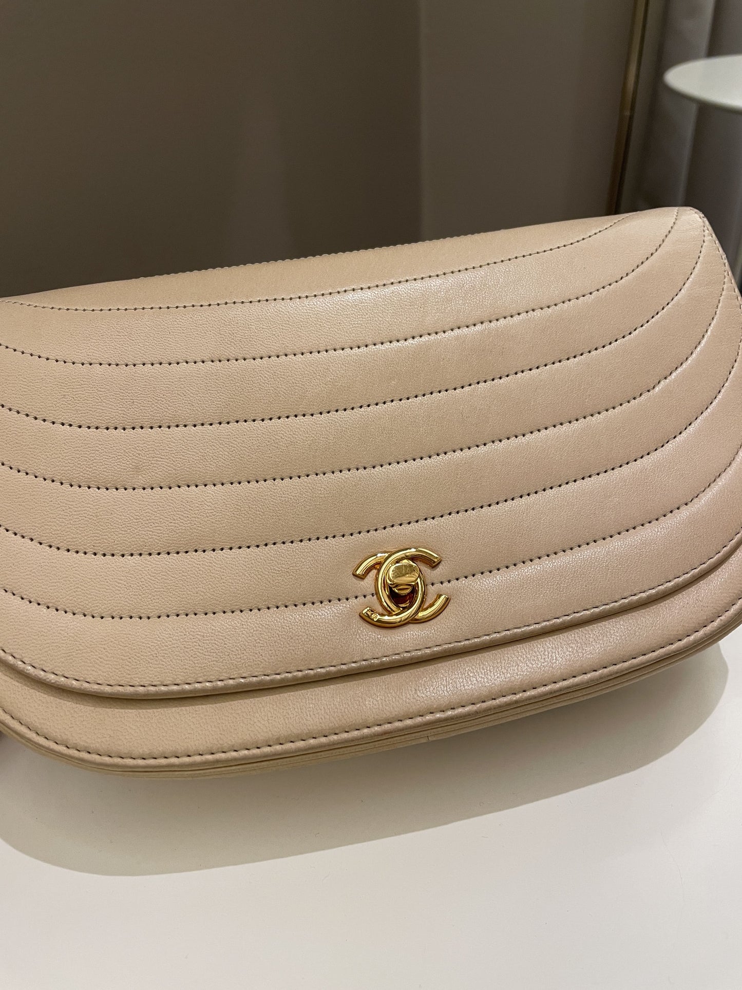 Luxury Chanel Vintage Half Moon Flap Bag Beige Lambskin