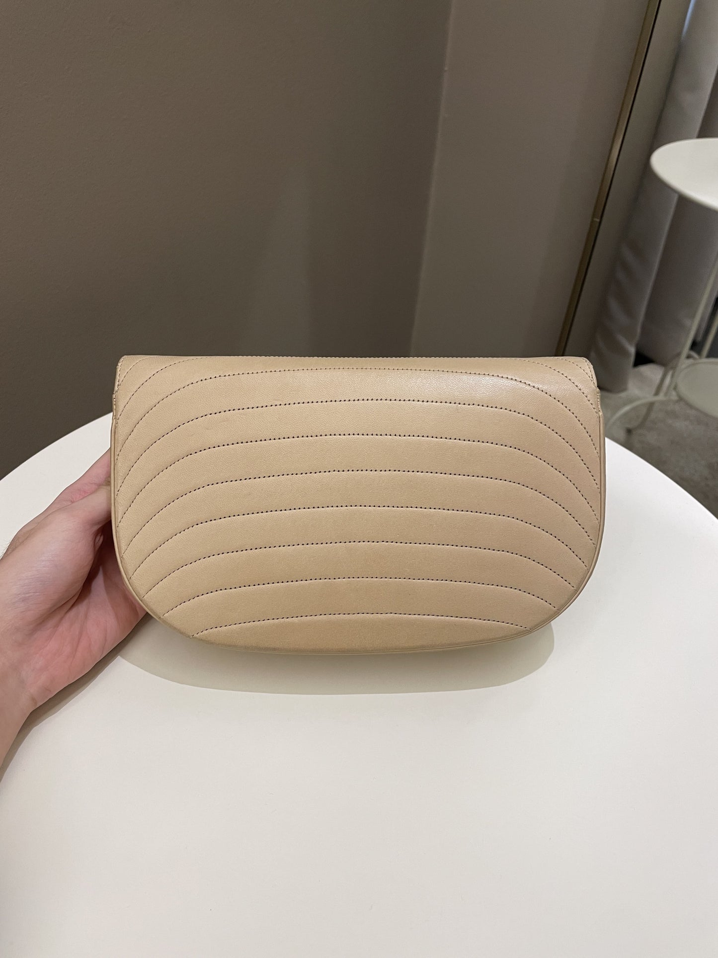 Luxury Chanel Vintage Half Moon Flap Bag Beige Lambskin