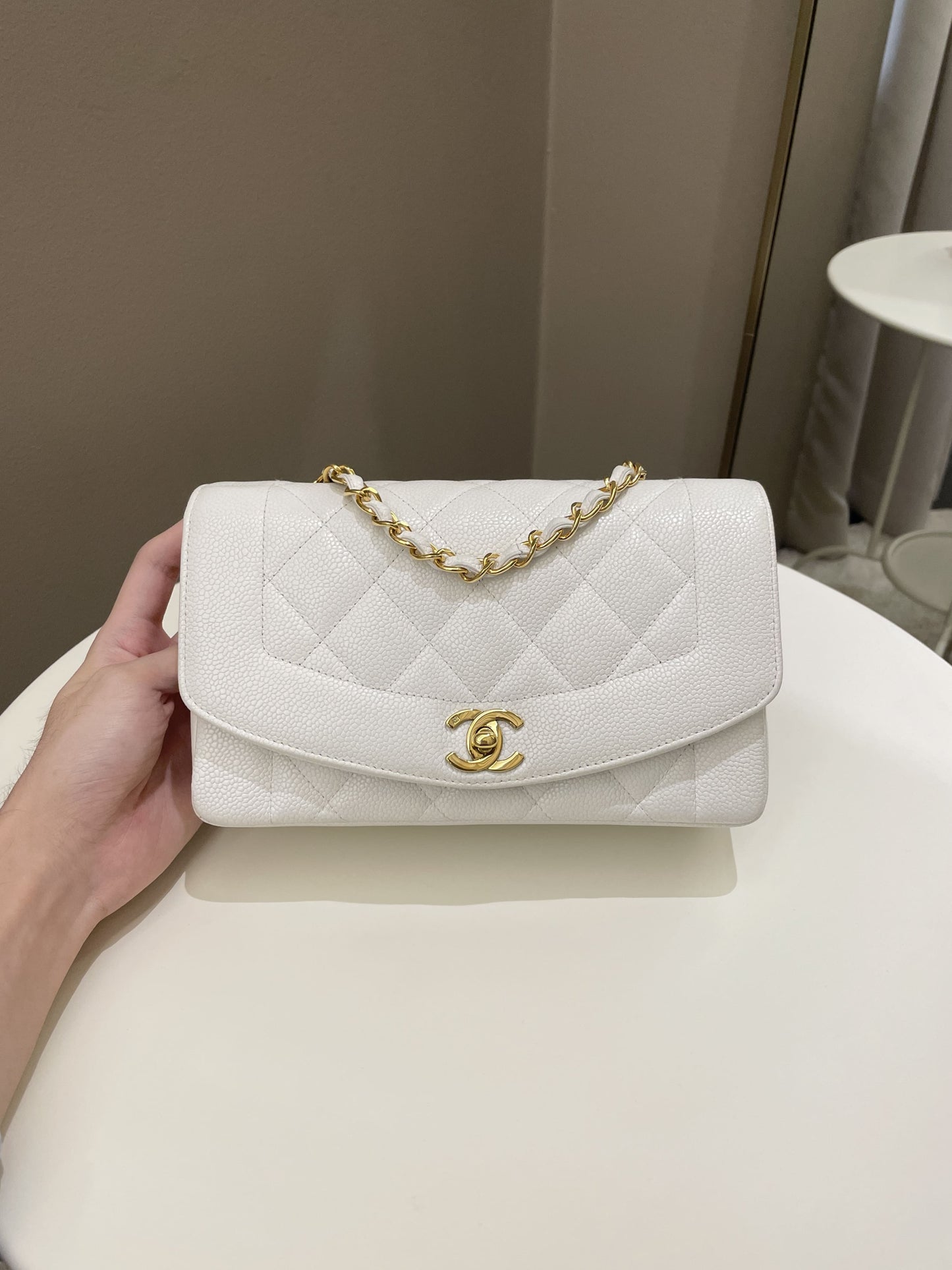 Luxury Chanel Vintage Quilted Diana Flap Bag White Caviar