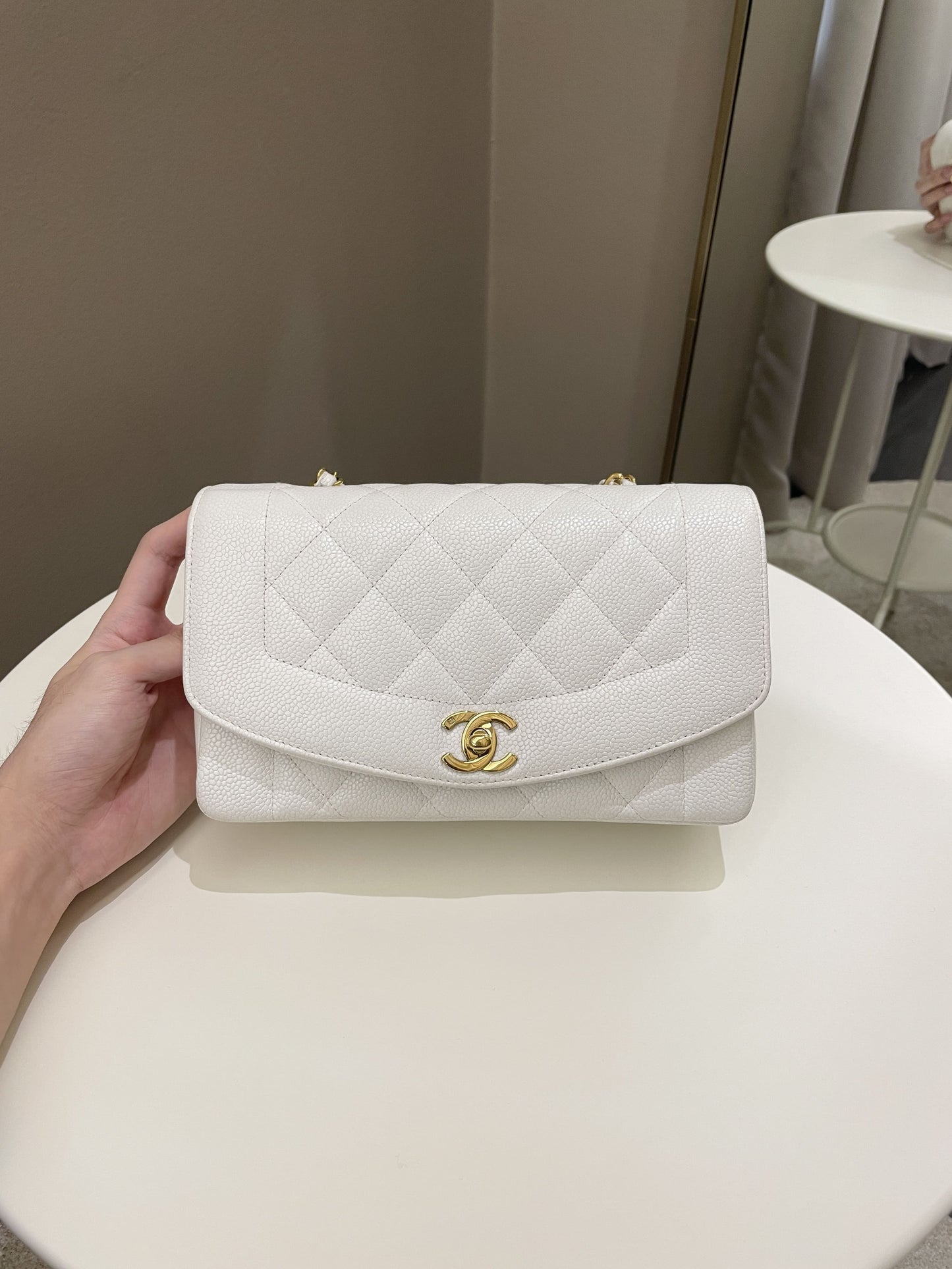 Luxury Chanel Vintage Quilted Diana Flap Bag White Caviar