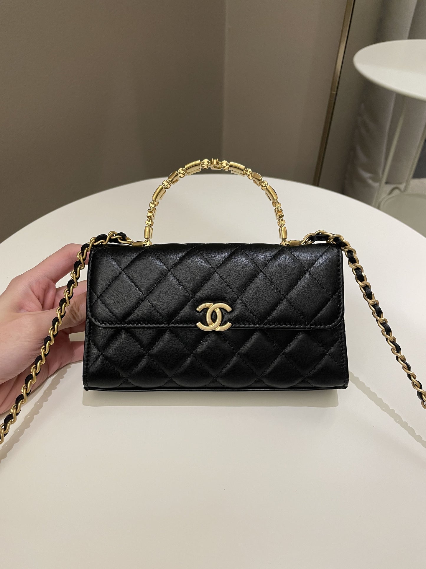 Luxury Chanel 22B Quilted Top Handle Flap Bag Black Lambskin