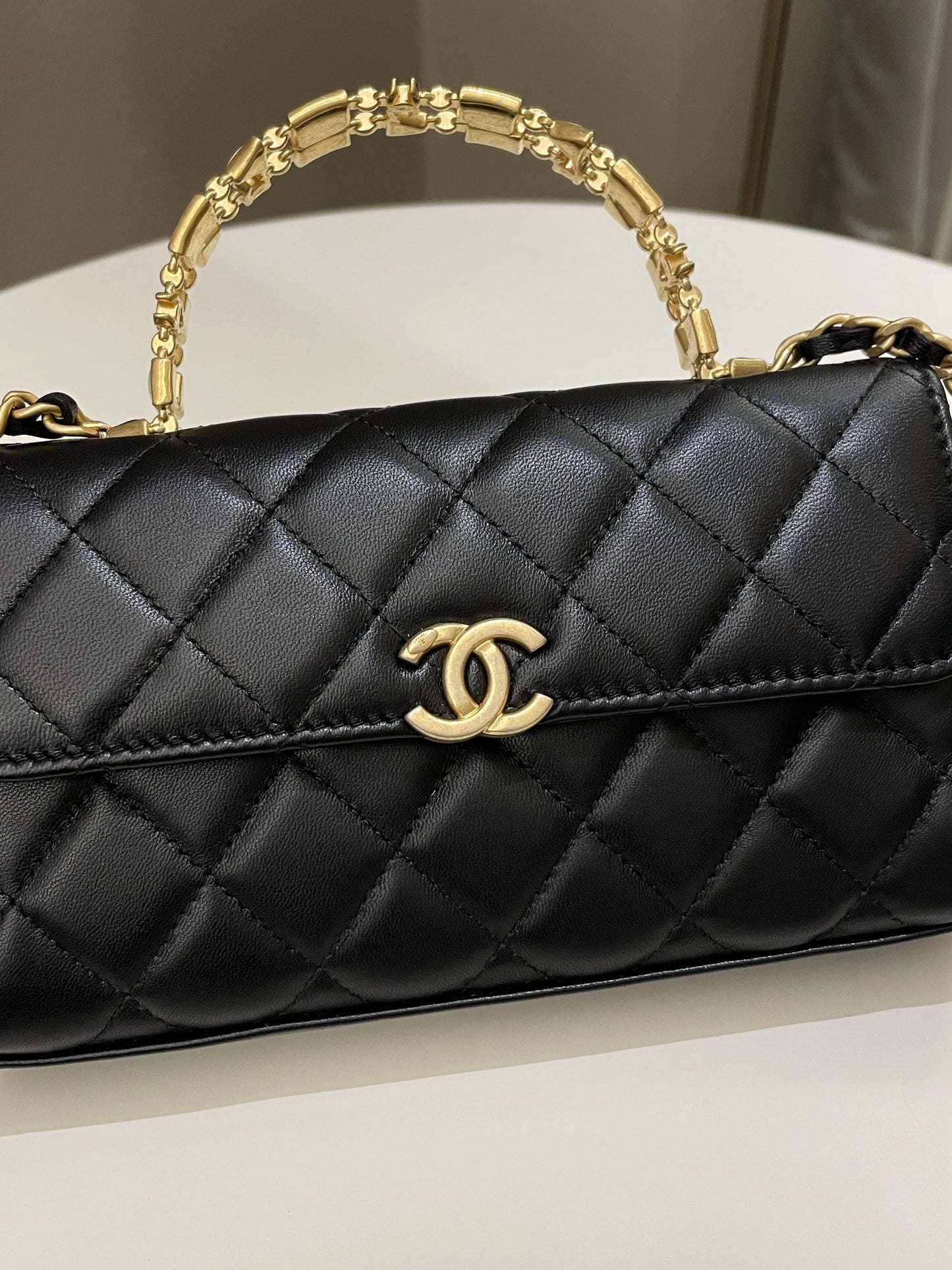 Luxury Chanel 22B Quilted Top Handle Flap Bag Black Lambskin