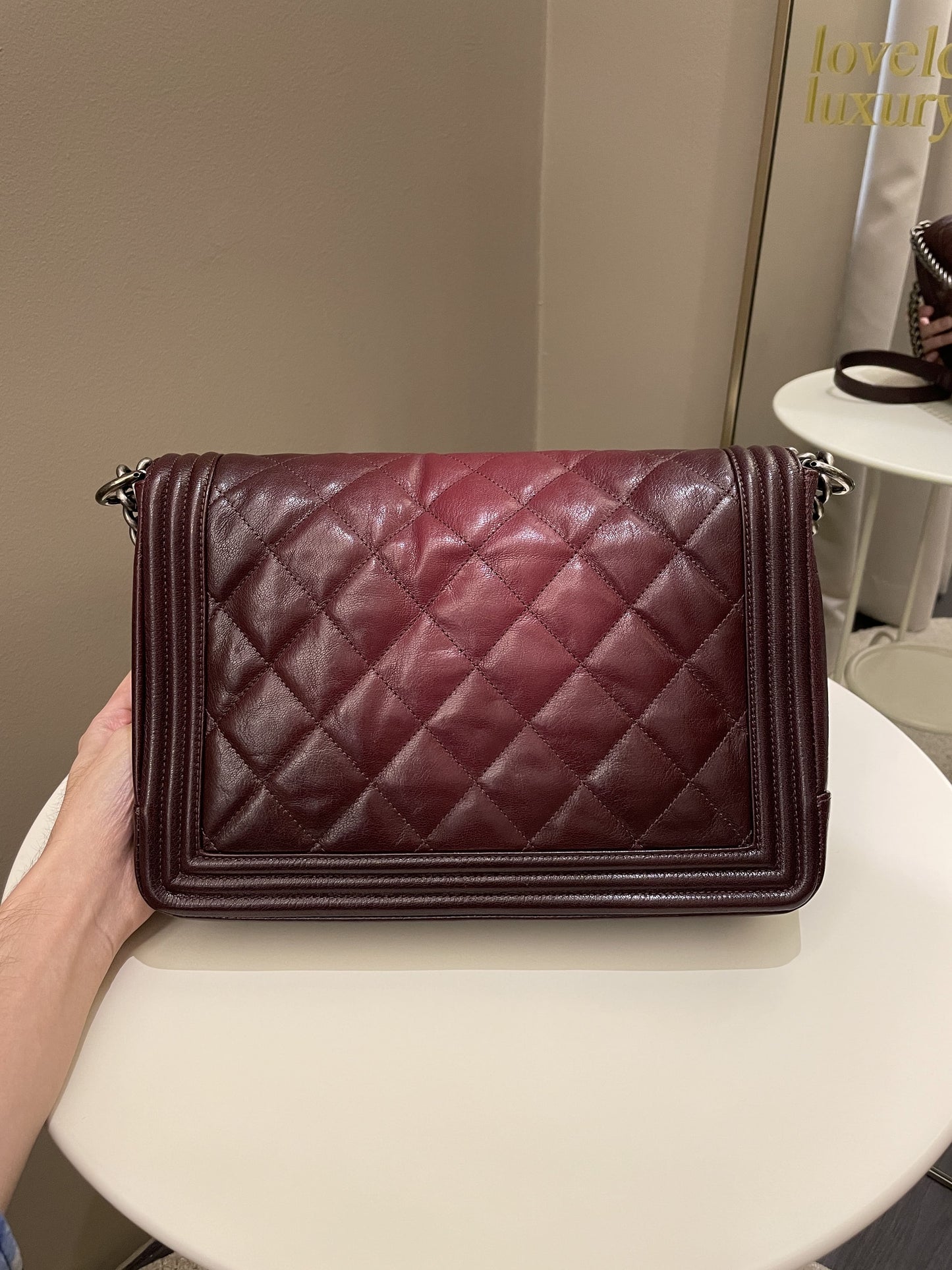 Luxury Chanel Quilted Boy Large Burgundy Ombré Calfskin
