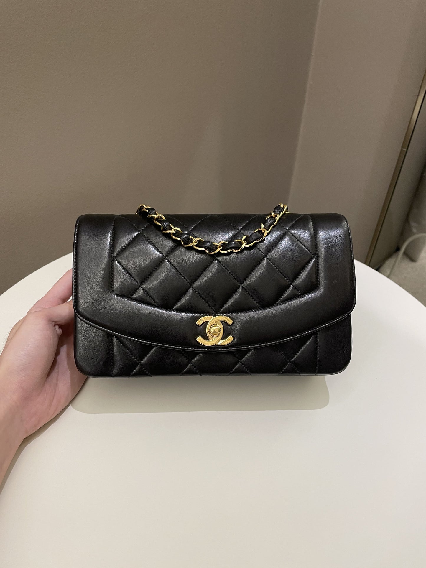 Luxury Chanel Vintage Quilted Diana Flap Bag Black Lambskin