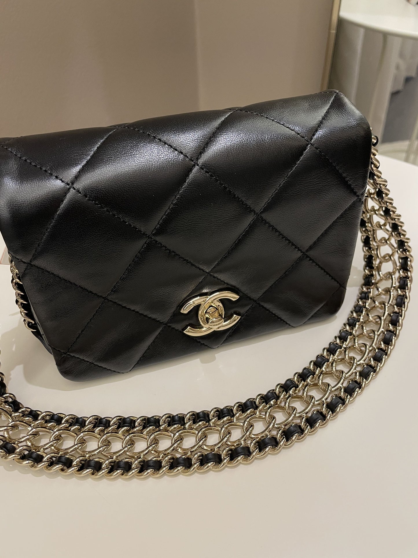 Luxury Chanel Chain Around Shoulder Flap Black Coated Lambskin