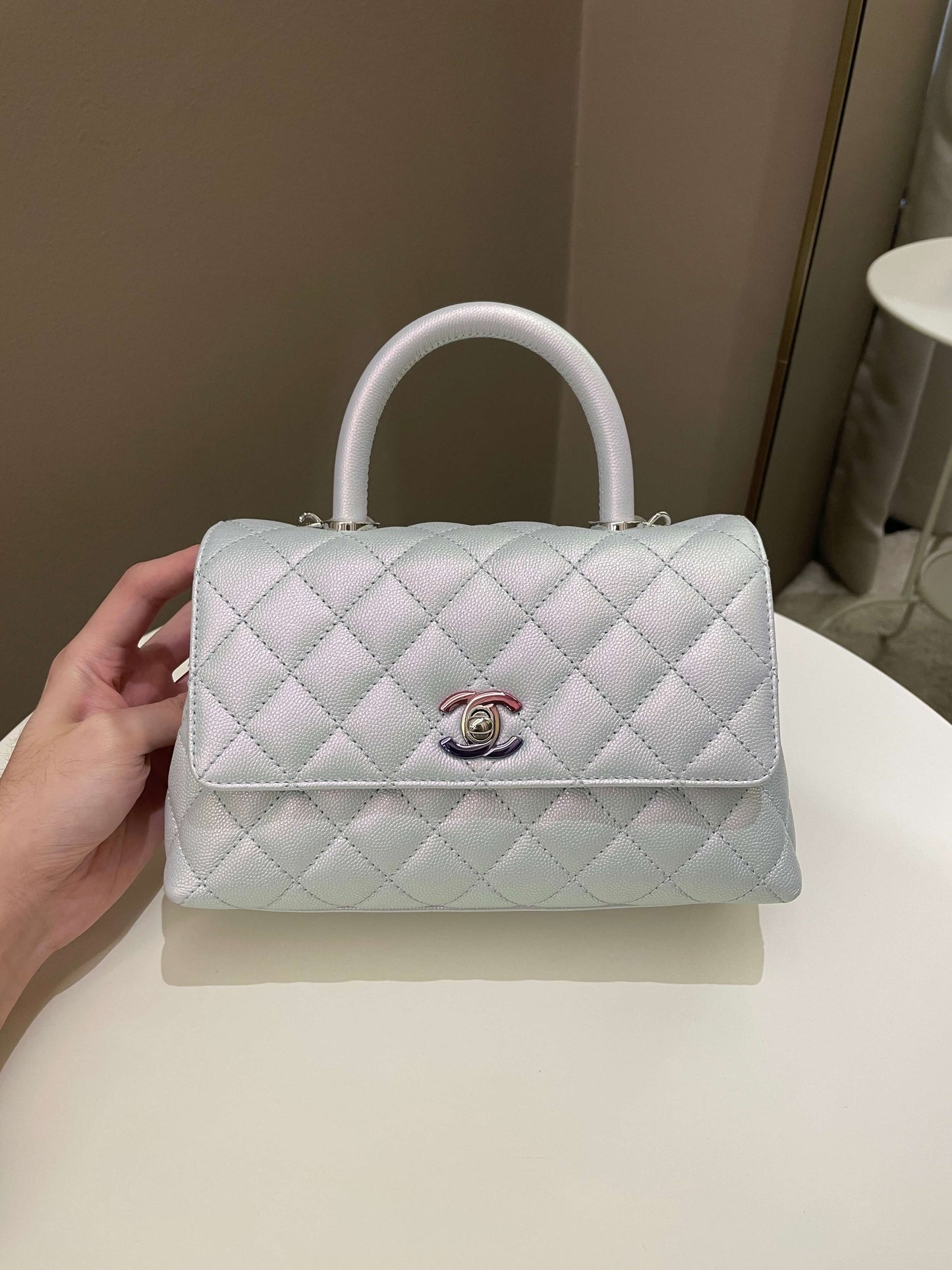 Luxury Chanel 21K Quilted Coco Handle Blue Iridescent Caviar