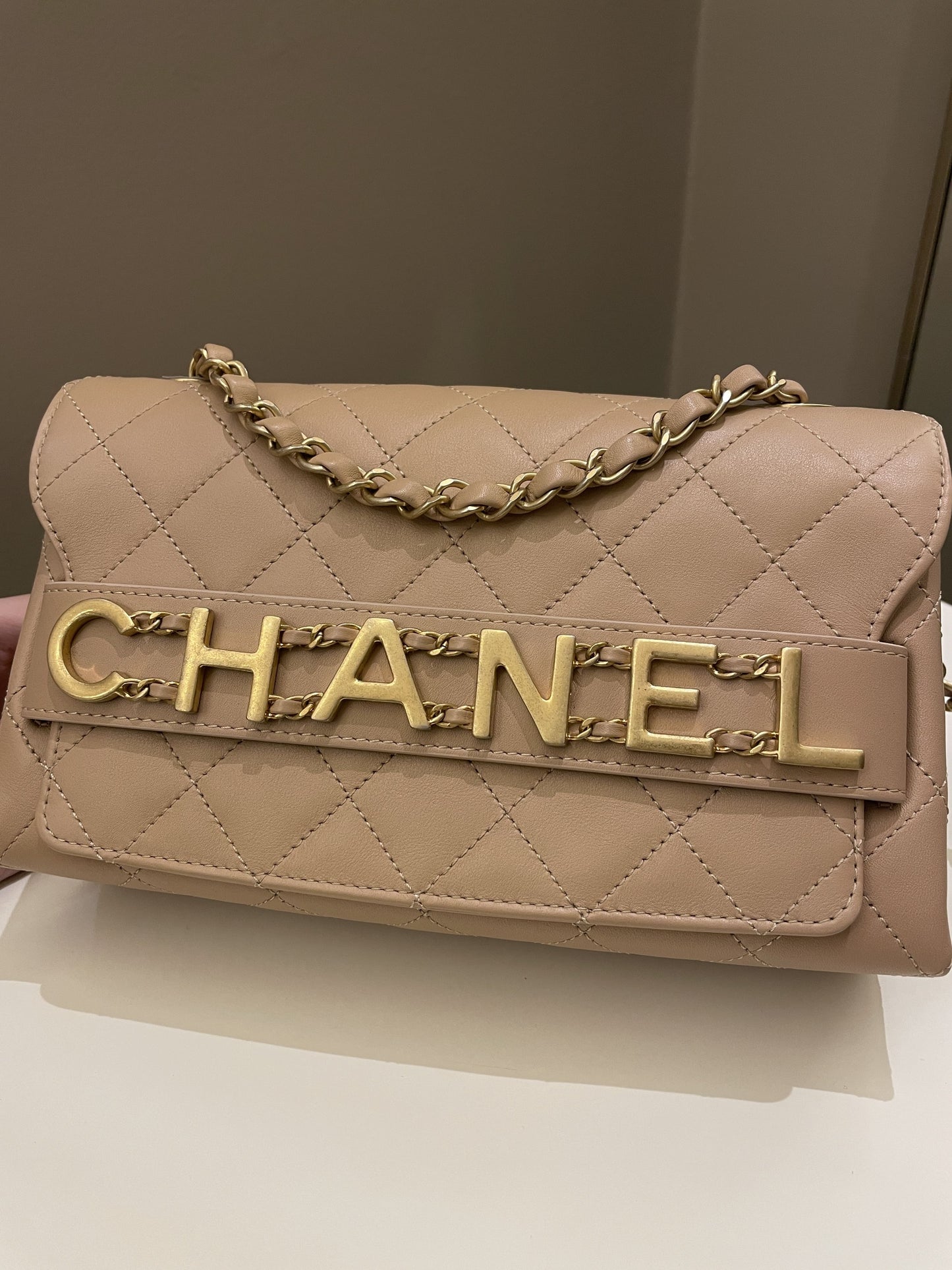 Luxury Chanel C H A N E L Lettering Flap Dark Beige Calfskin