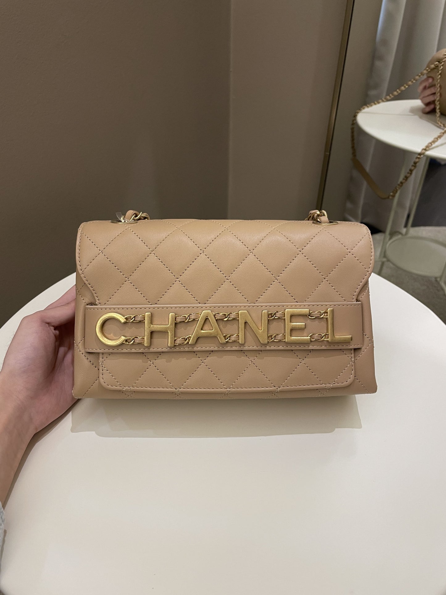 Luxury Chanel C H A N E L Lettering Flap Dark Beige Calfskin
