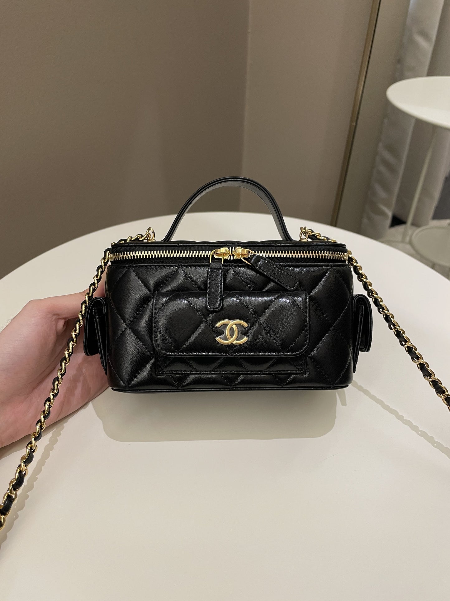Luxury Chanel Polly Pocket Multi Pocket Vanity Case Bag Black Lambskin