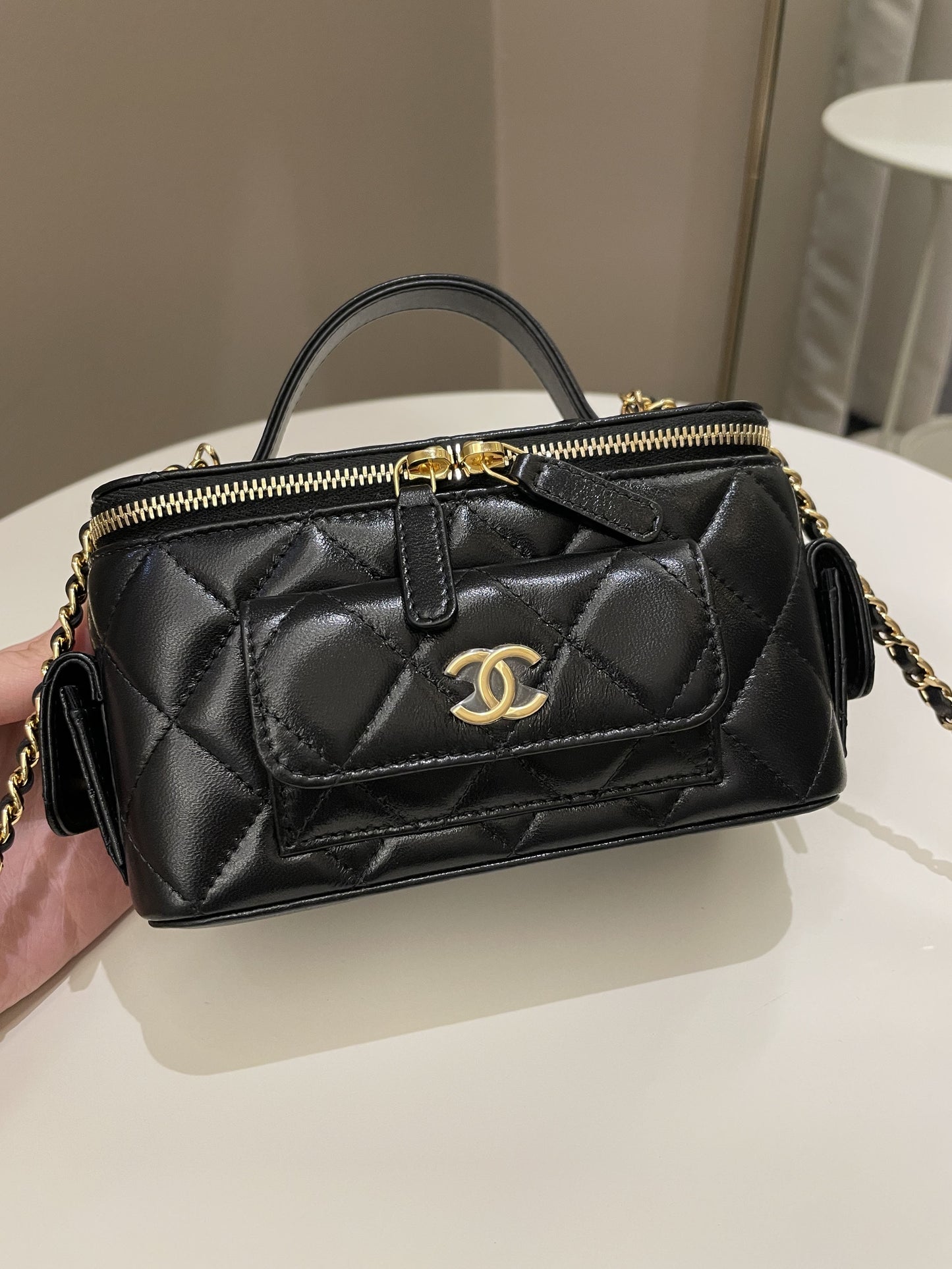 Luxury Chanel Polly Pocket Multi Pocket Vanity Case Bag Black Lambskin