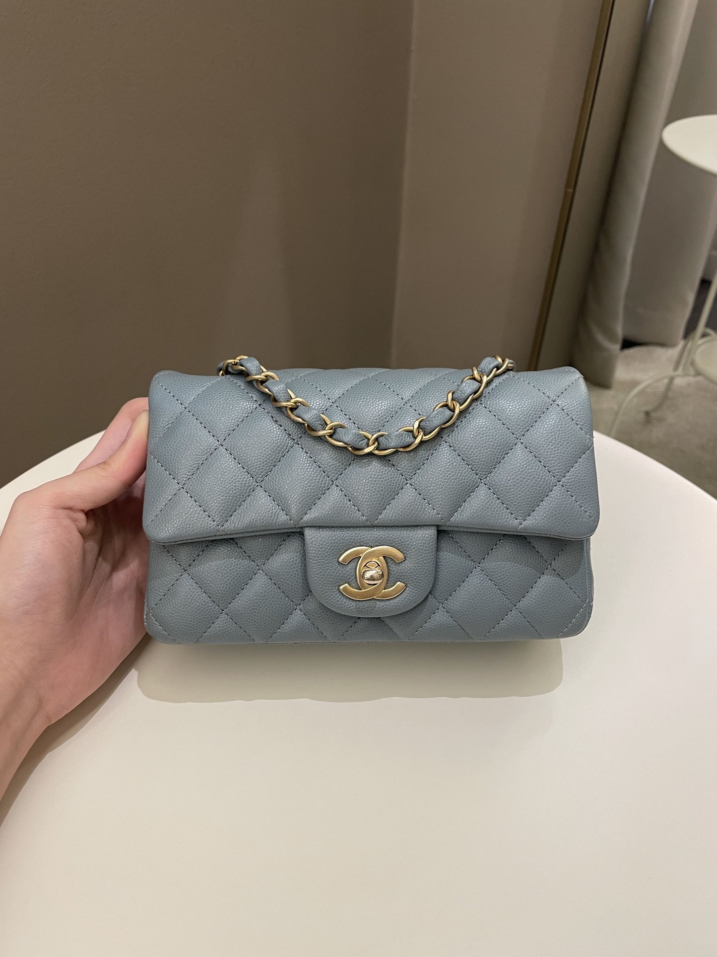 Luxury Chanel 18C Quilted Mini Rectangular Ash Blue Green Iridescent Caviar