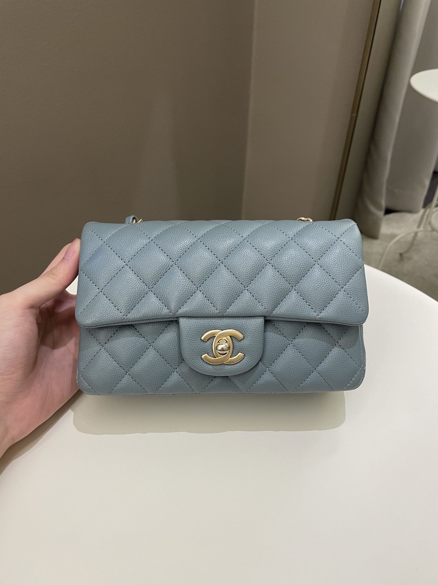 Luxury Chanel 18C Quilted Mini Rectangular Ash Blue Green Iridescent Caviar