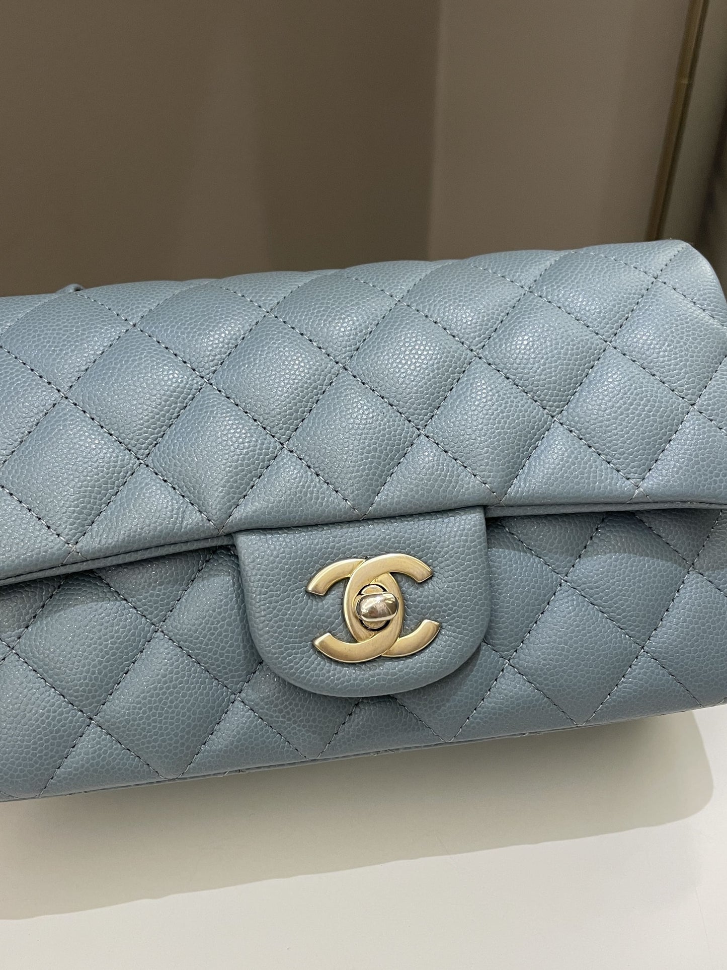 Luxury Chanel 18C Quilted Mini Rectangular Ash Blue Green Iridescent Caviar