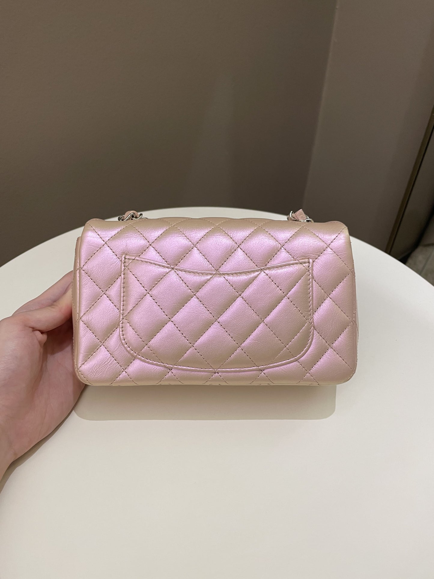 Luxury Chanel 21K Quilted Mini Rectangular Iridescent Pink Calfskin