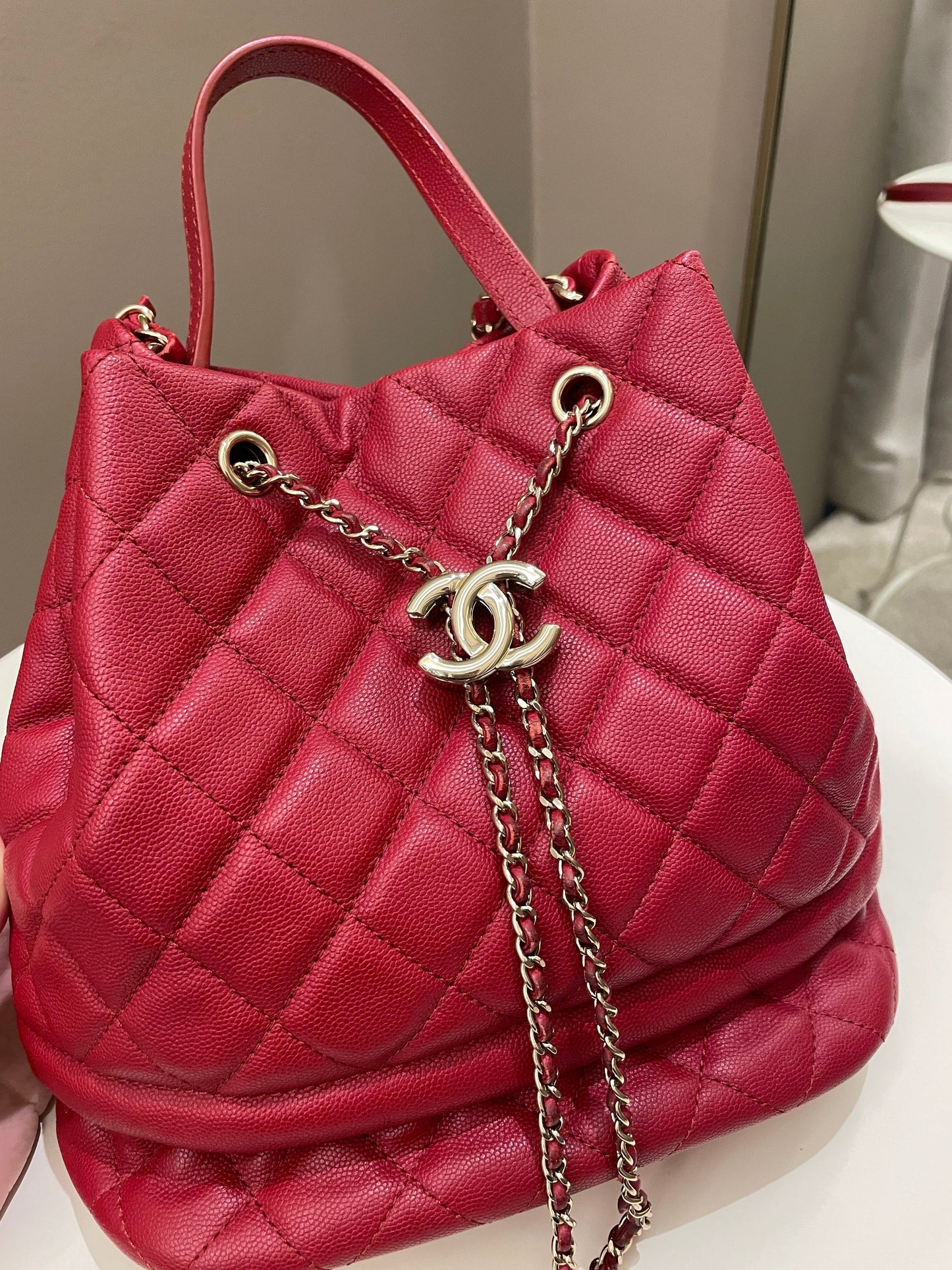 Luxury Chanel Rolled Up Bucket Drawstring Bag Red Caviar