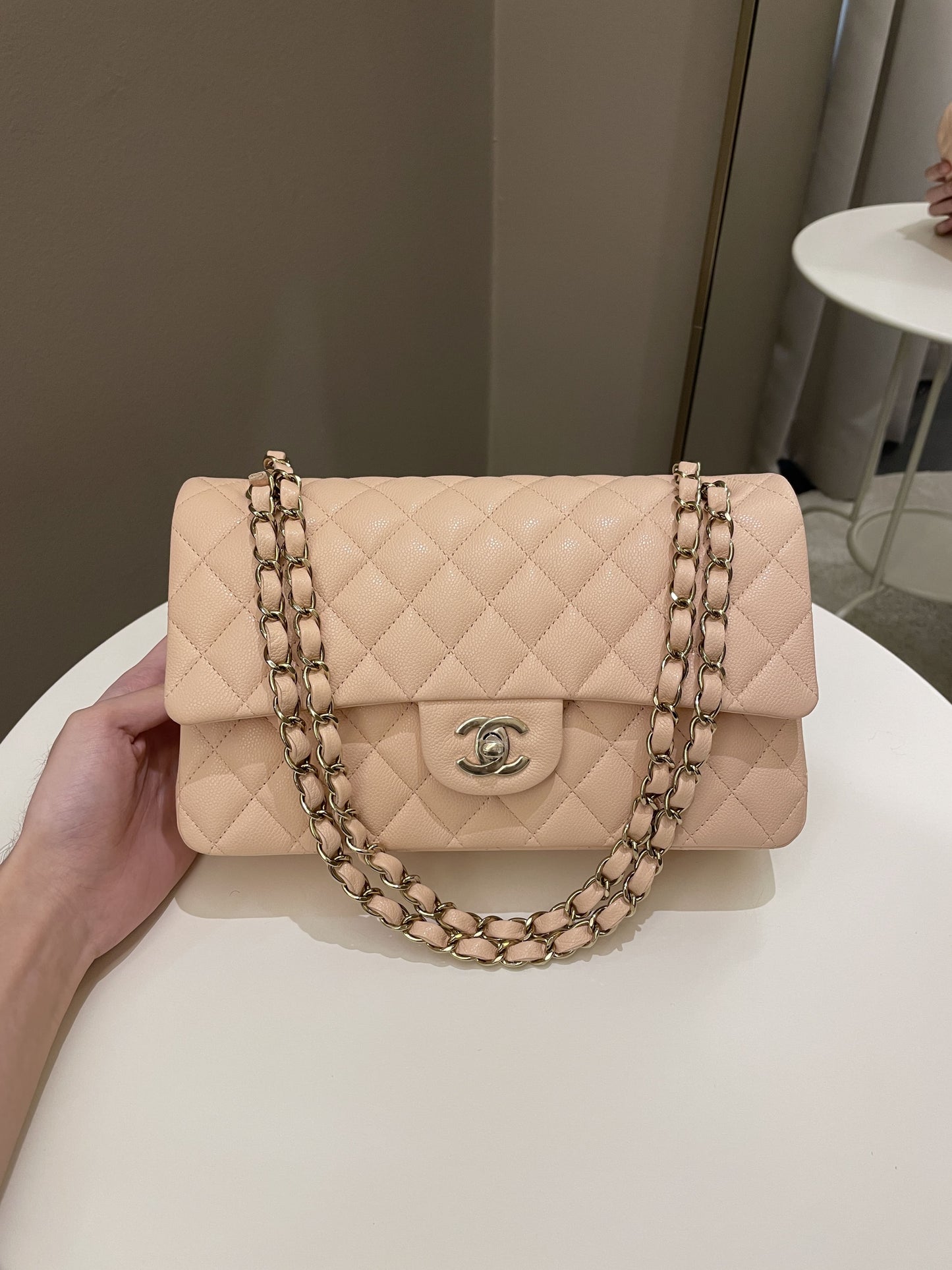 Luxury Chanel Classic Quilted Medium Double Flap Beige Caviar