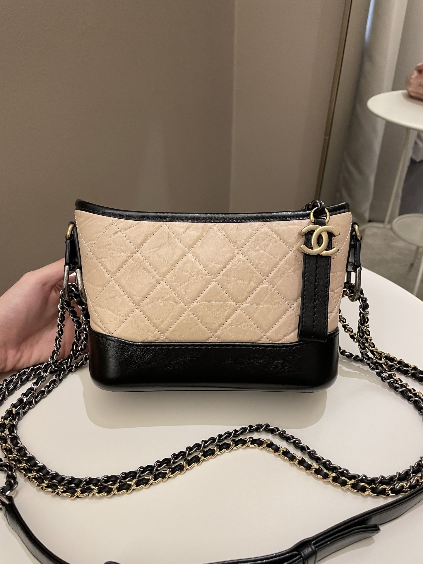 Luxury Chanel Quilted Gabrielle Hobo Beige/ Black Aged Calfskin