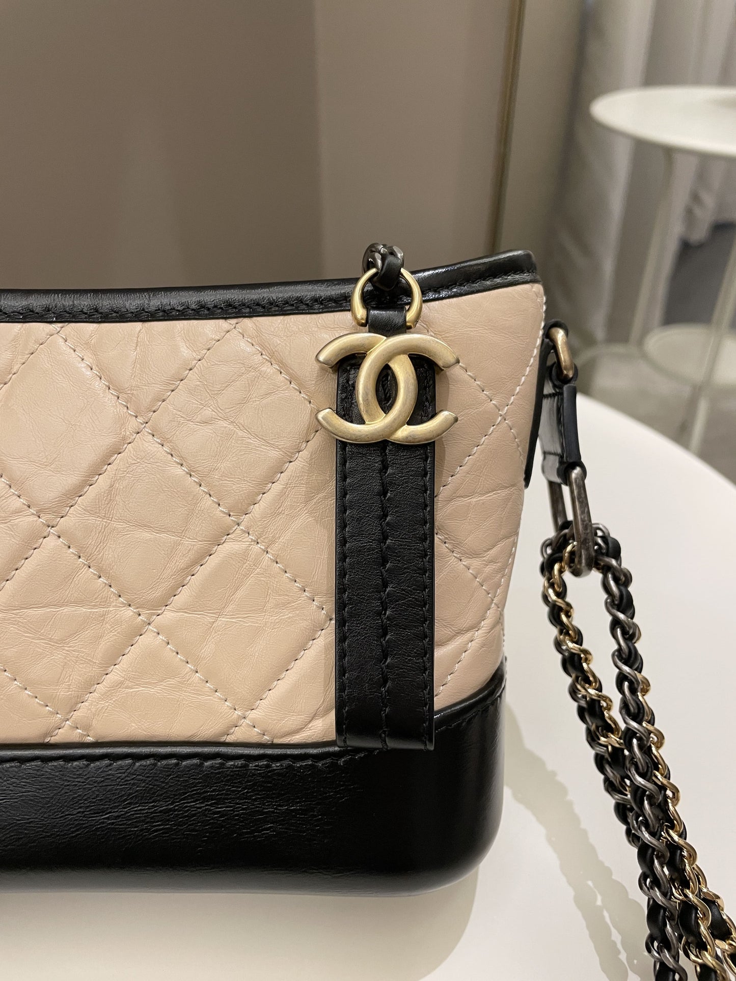 Luxury Chanel Quilted Gabrielle Hobo Beige/ Black Aged Calfskin