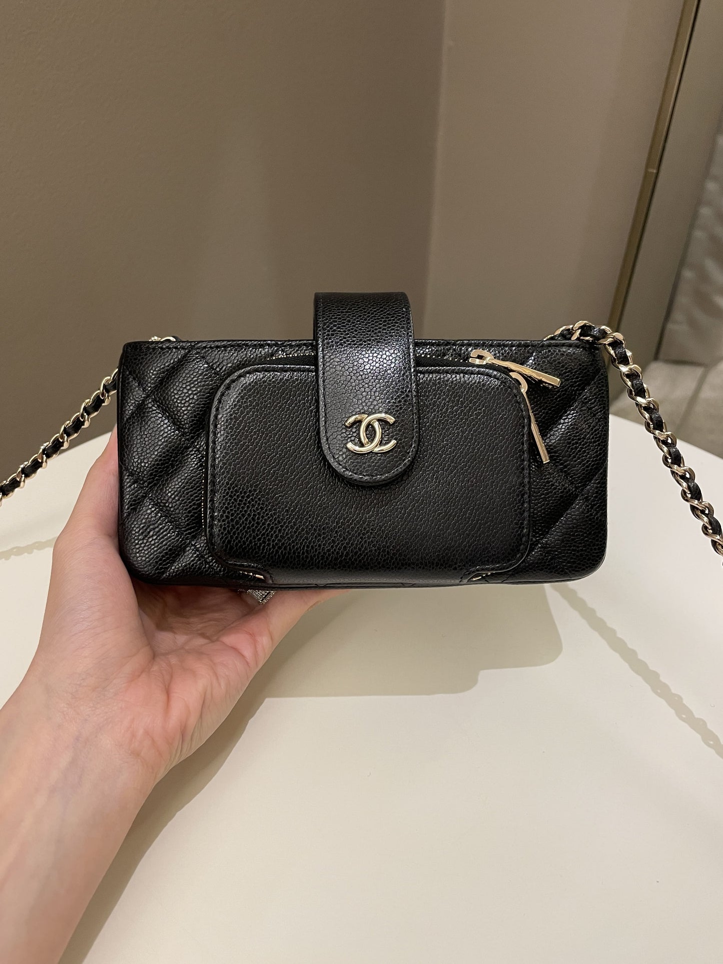 Luxury Chanel 22B Quilted Phone Holder With Chain Black Caviar