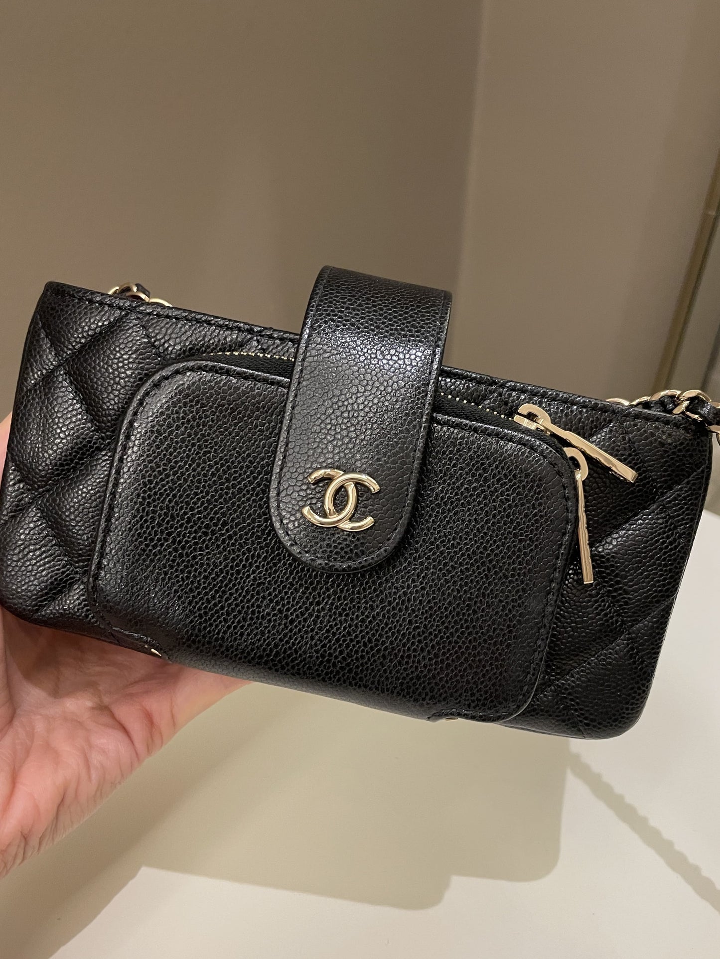 Luxury Chanel 22B Quilted Phone Holder With Chain Black Caviar